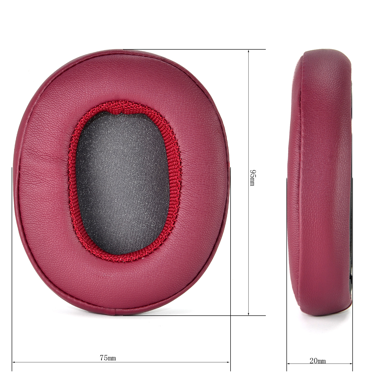 Dwie bordowe nauszniki słuchawek z wymiarami. Jedna jest przodem, a druga z boku.