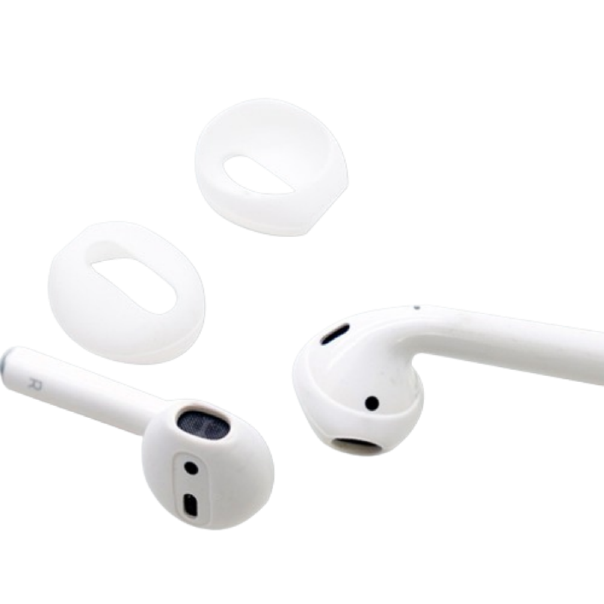 Białe AirPods z wkładkami dousznymi. Dwie końcówki są luźne. Słuchawki mają czarną siateczkę.