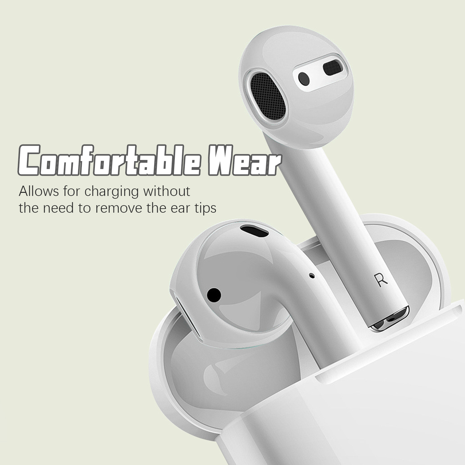 Białe bezprzewodowe słuchawki w etui ładującym. Słuchawki mają elegancki, nowoczesny design.