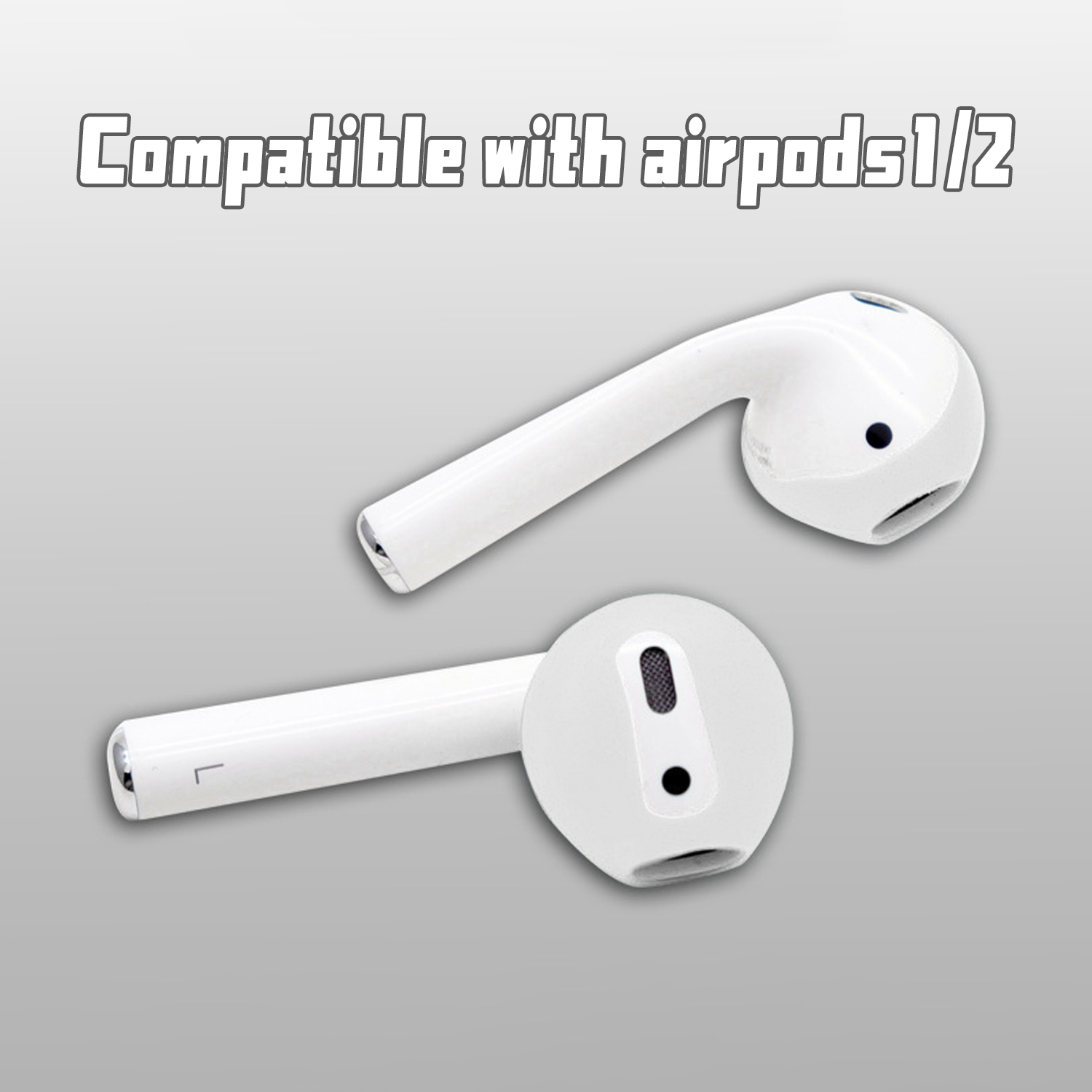 Dwa białe bezprzewodowe słuchawki, pokazane z różnych perspektyw, na szarej powierzchni.