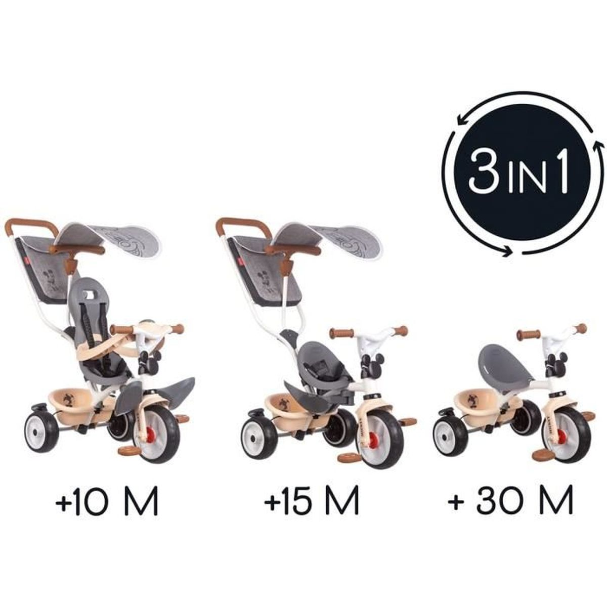 Drei Dreiräder mit unterschiedlichen Konfigurationen, plus ein 3-in-1-Symbol.
