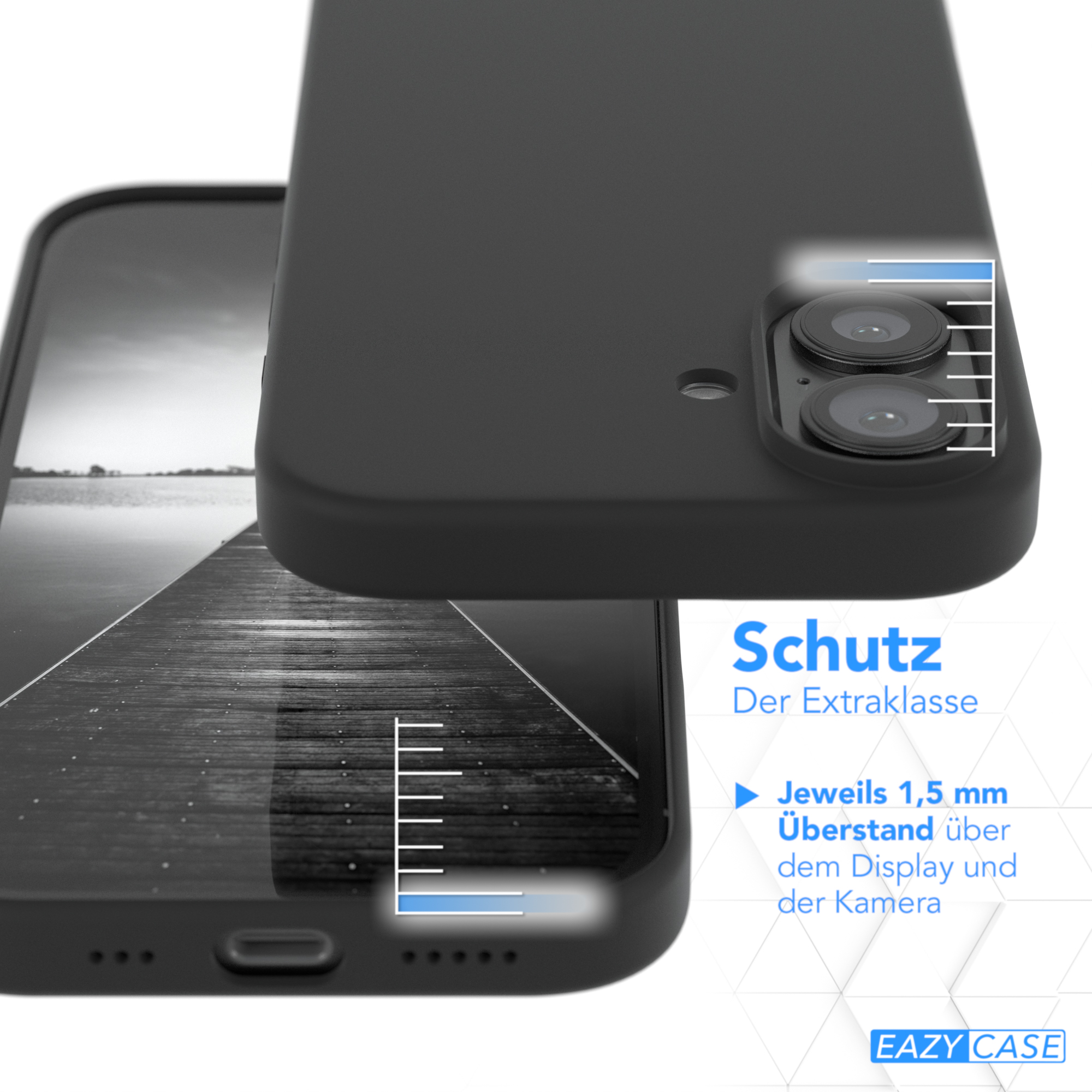 Ein schwarzes Telefon und eine Hülle. Die Hülle ist ebenfalls schwarz, und Text ist auf der Hülle sichtbar.