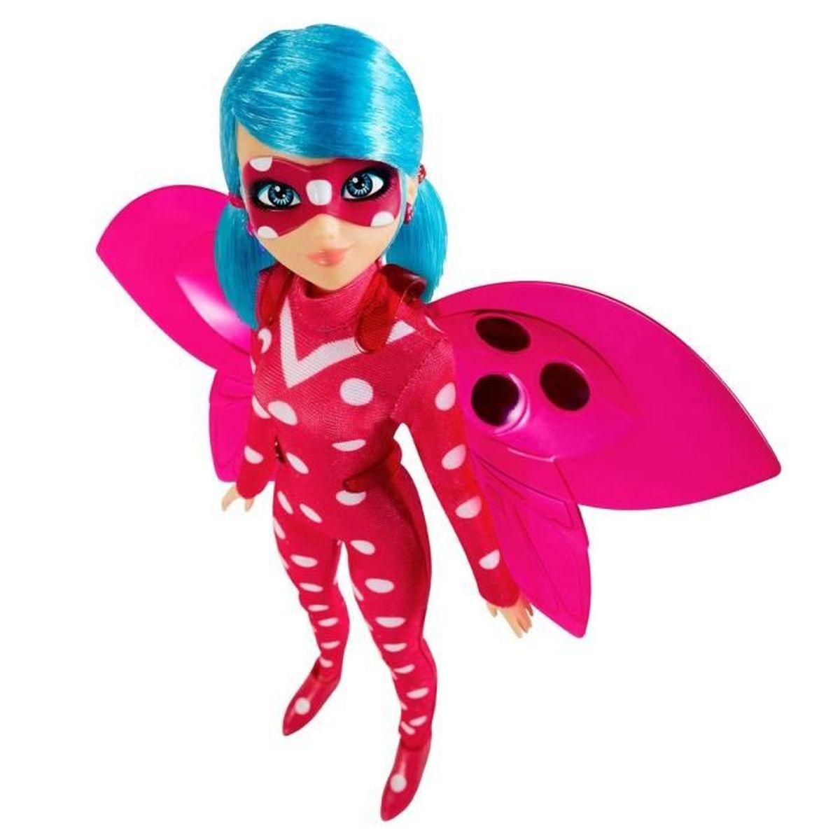 Ladybug-Puppe. Roter Anzug mit weißen Punkten, blaue Haare, rosa Maske und Flügel.