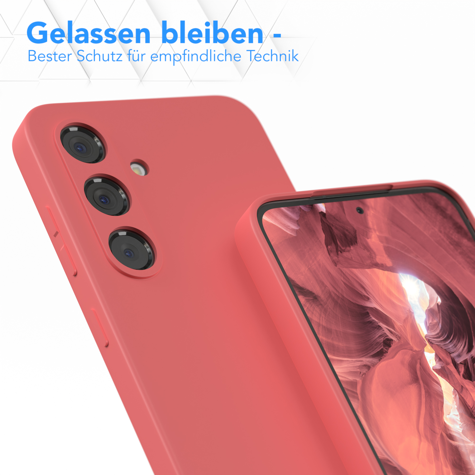 Zwei rote Handyhüllen, auf einer ist ein Telefonbildschirm sichtbar.