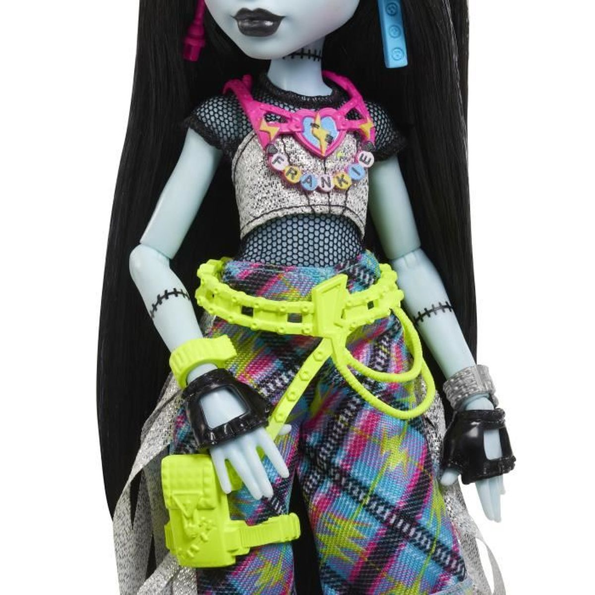 Frankie Stein Monster High Puppe mit langen schwarzen Haaren, farbige Kleidung.