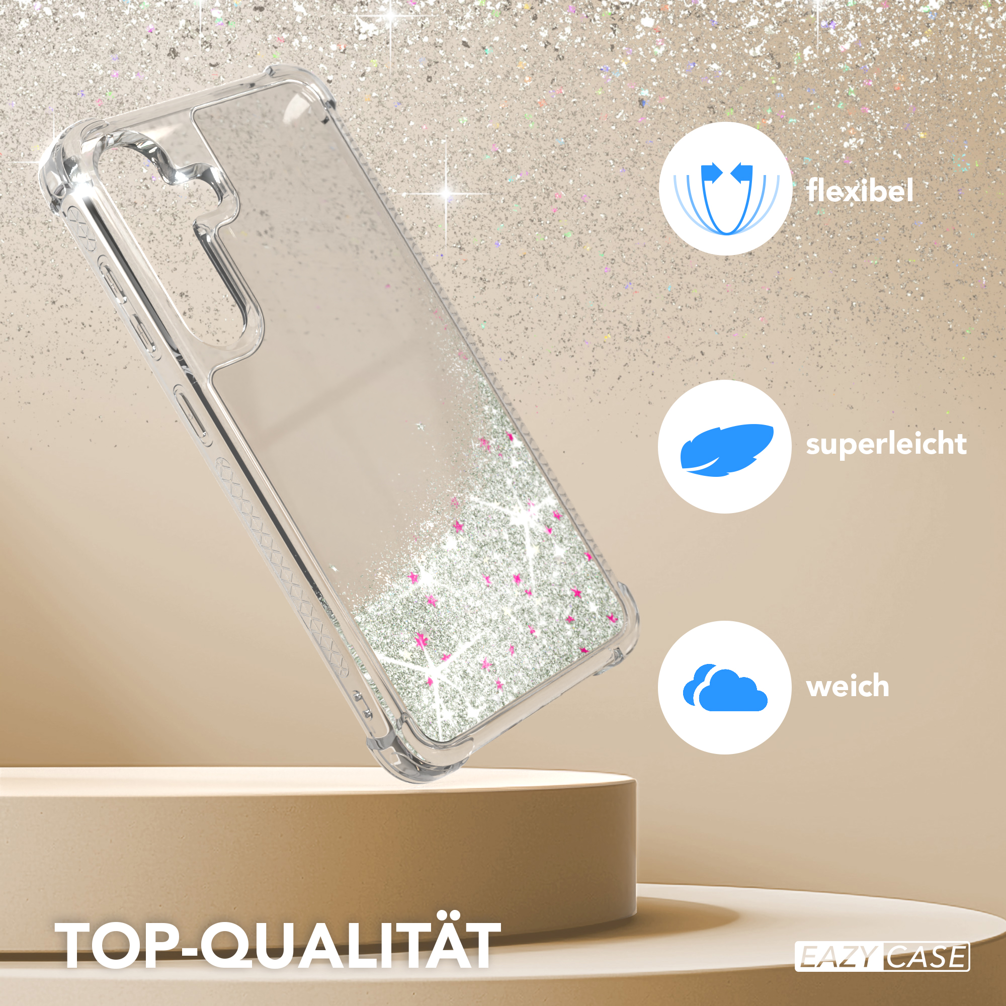 Transparente Handyhülle mit Glitzer, auf einem Podest.