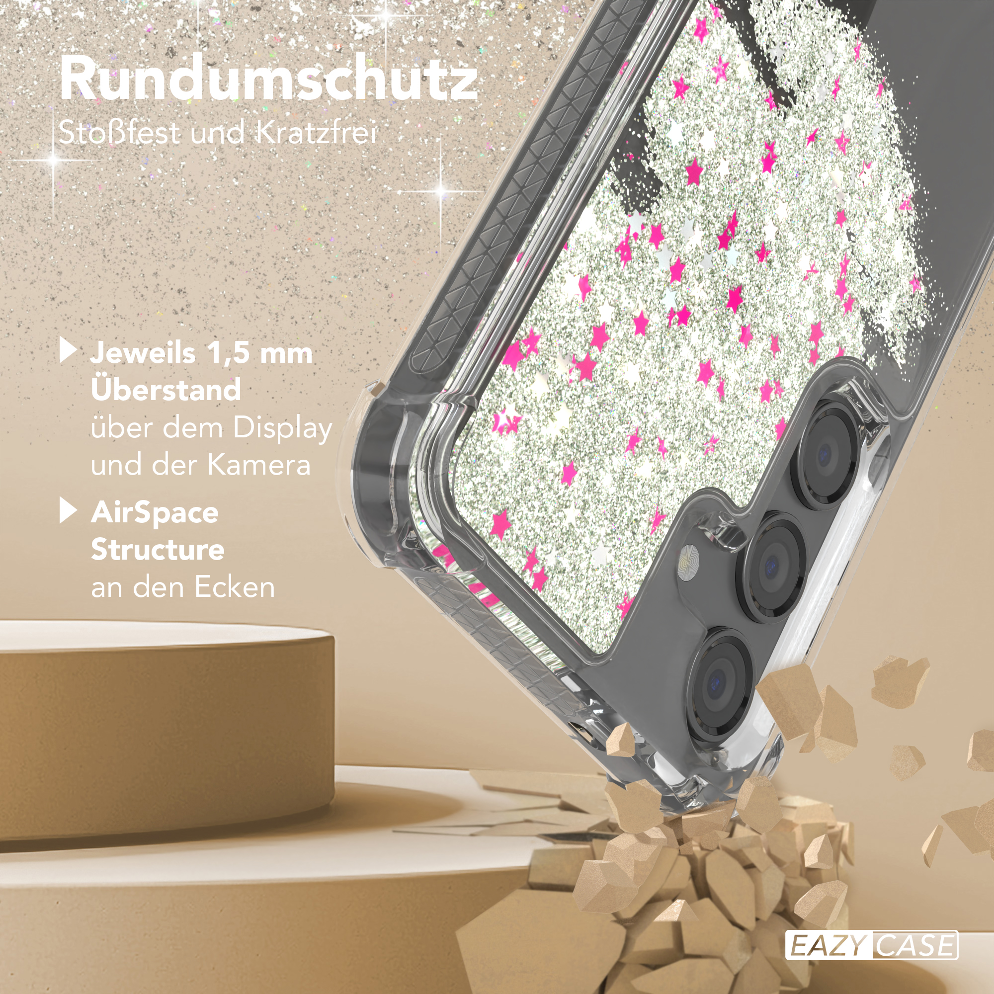 Handyhülle mit Glitzer und rosa Sternen. Zeigt die Hülle, die das Telefon schützt. Weißer Hintergrund.