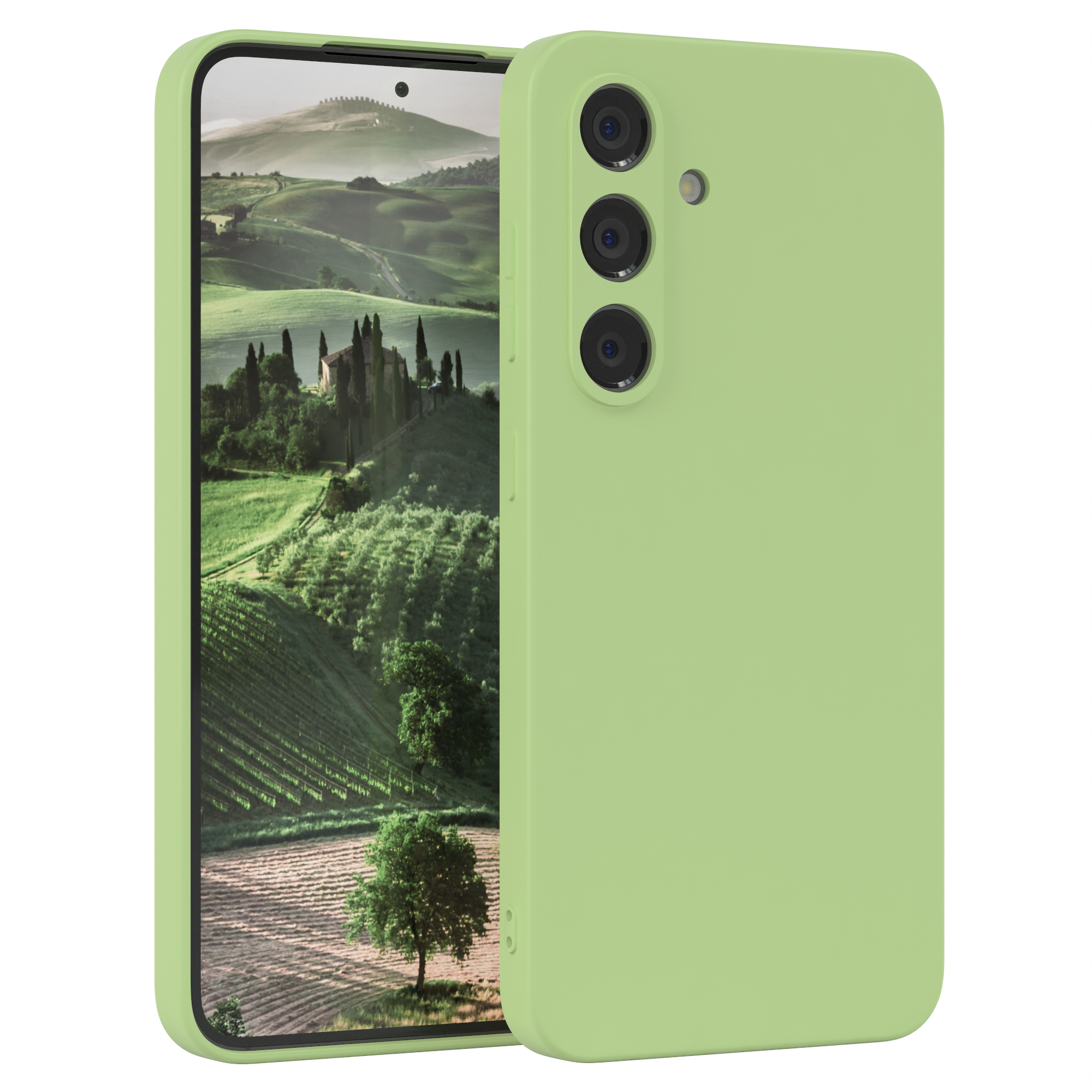 Grüne Handyhülle mit Telefon. Der Bildschirm zeigt eine grüne Landschaft.