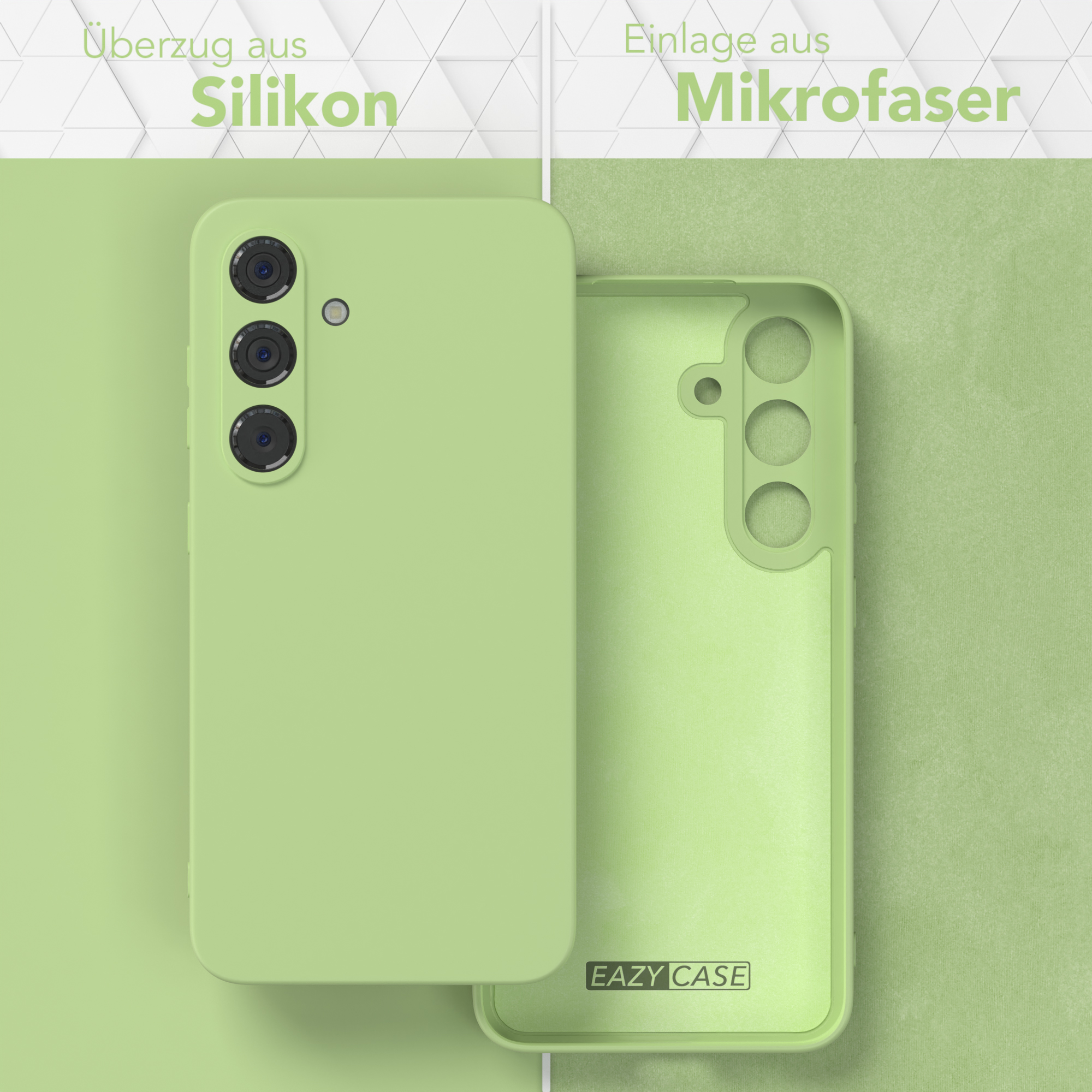 Eine hellgrüne Handyhülle, mit freiliegender Innenseite, zeigt das Telefon.