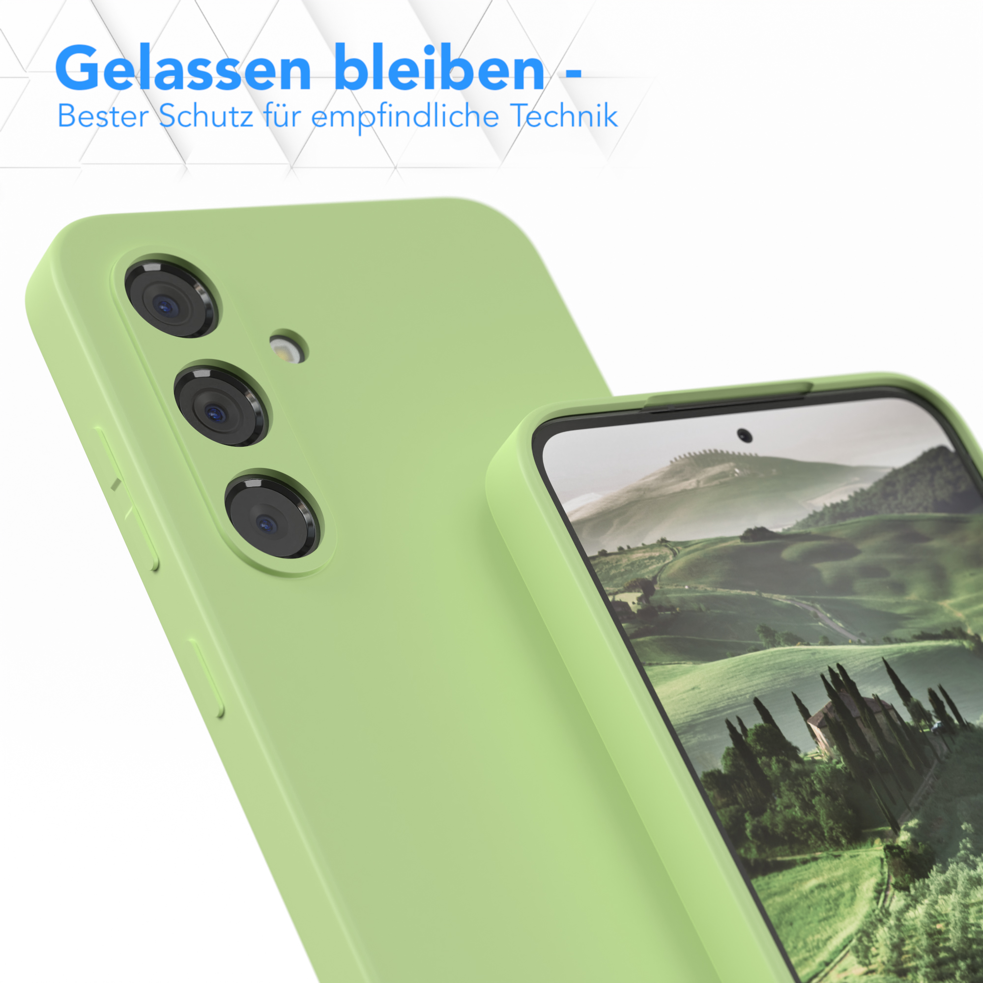 Eine grüne Handyhülle mit Telefon darin, neben einer weiteren Hülle, auf weißer Fläche.