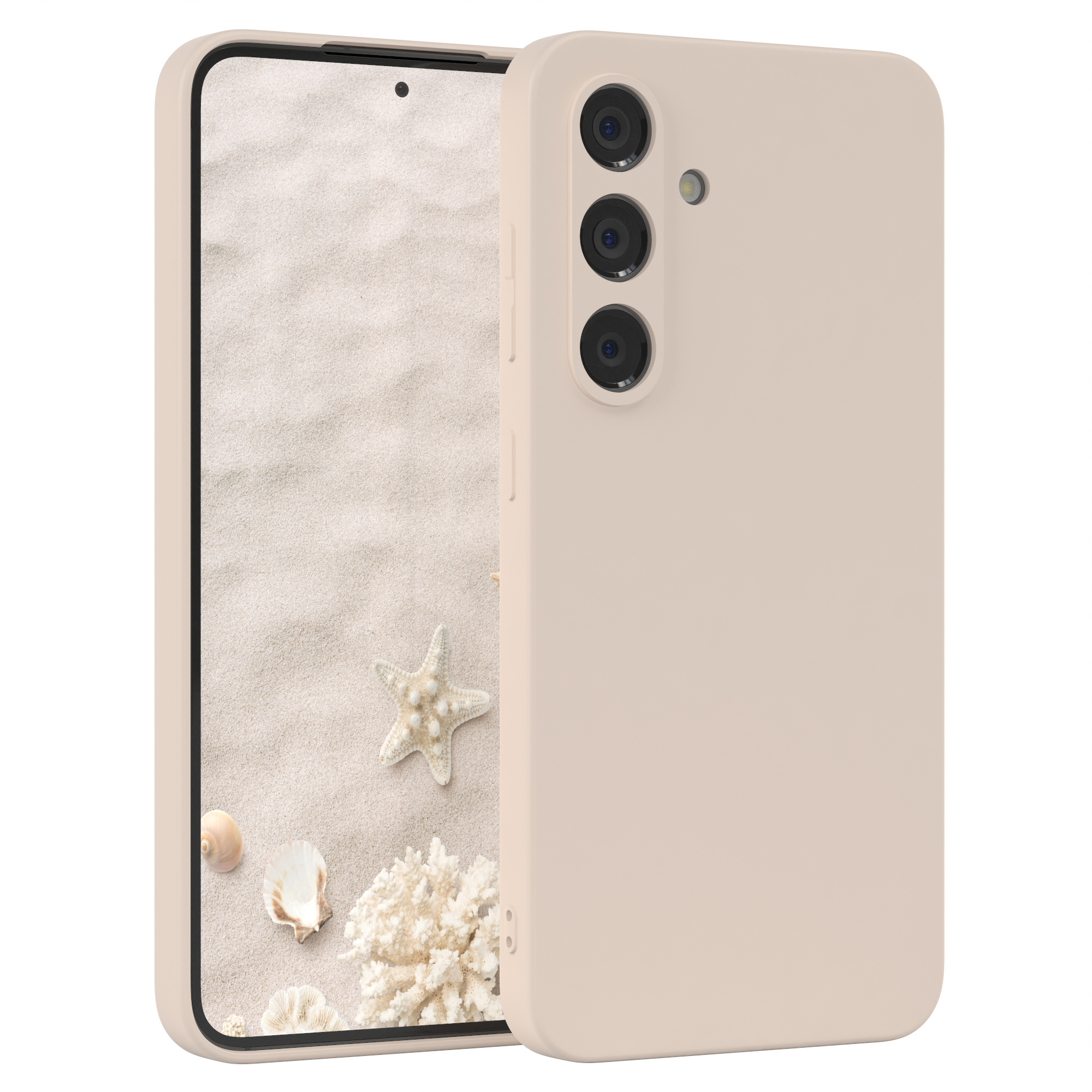 Telefon mit Hülle auf sandfarbenem Hintergrund mit Muscheln und einem Seestern.