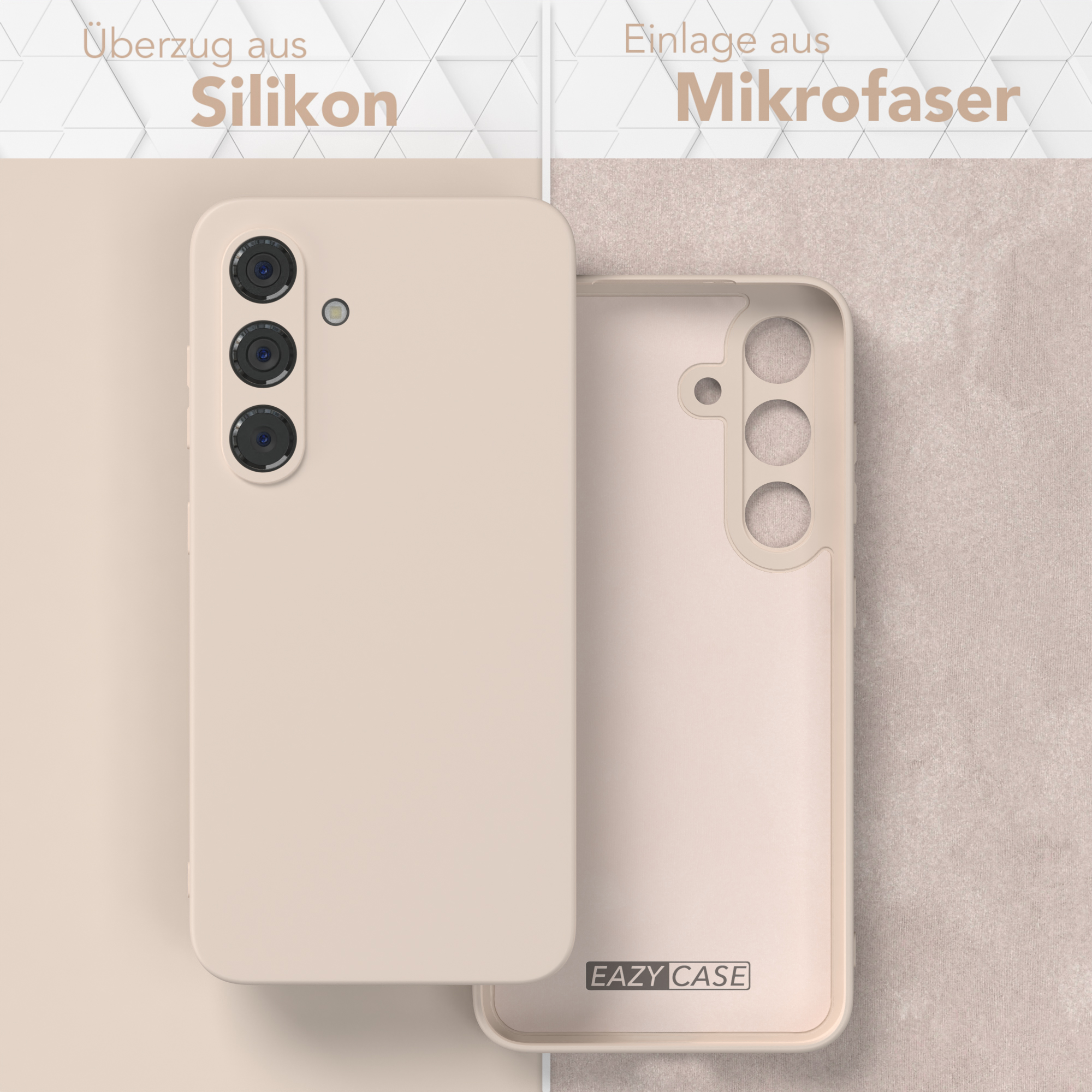 Eine Handyhülle mit Telefon. Die Hülle ist beige, die Innenseite heller. Die Hülle hat drei Kameralöcher.
