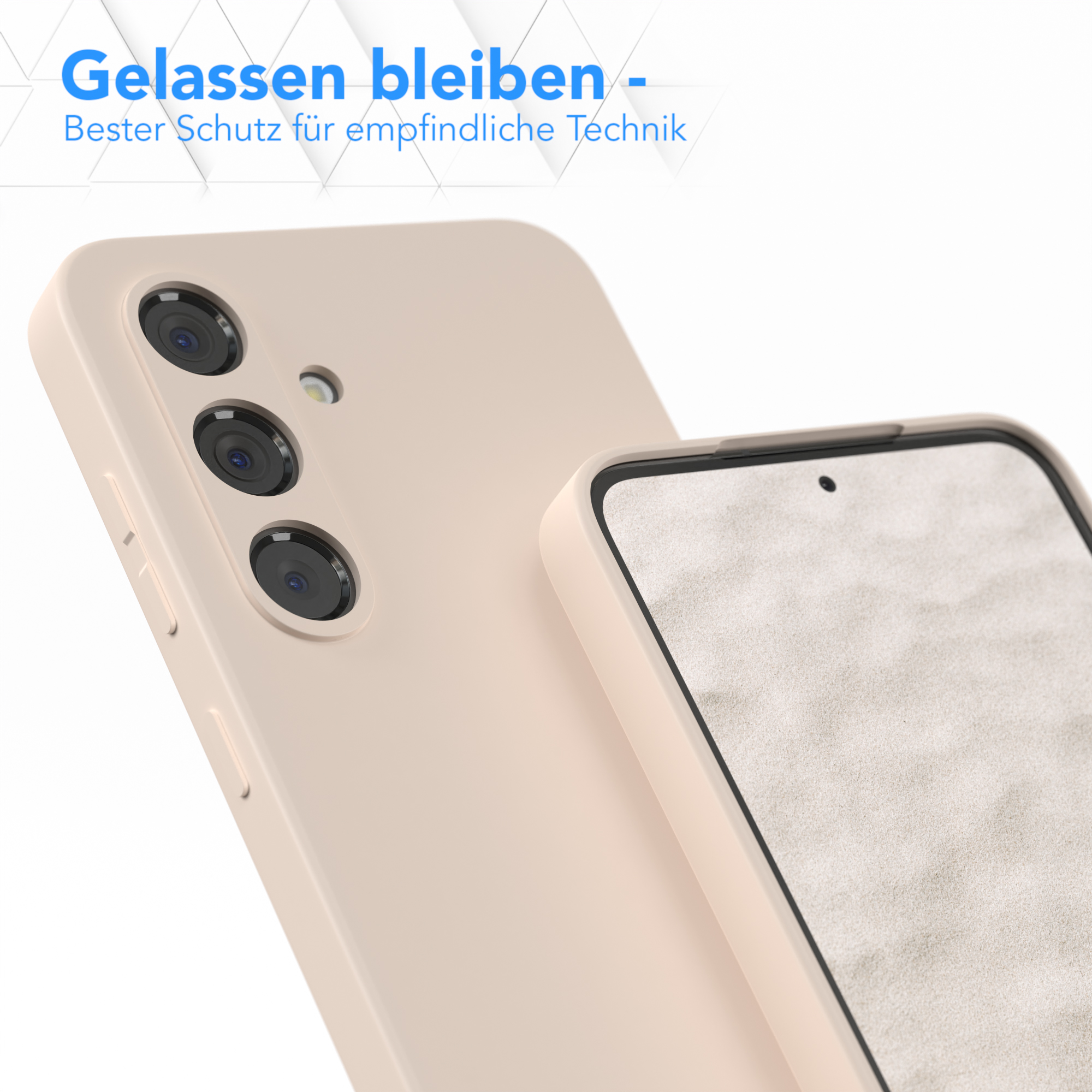 Zwei hellfarbene Handyhüllen. Eine Hülle zeigt Kameralinsen.