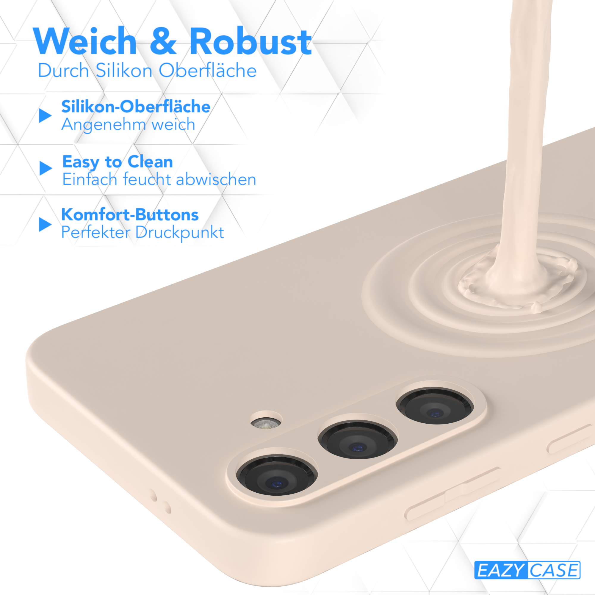 Eine hellfarbene Handyhülle mit dem Text 'Weich & Robust' und 'Easy to Clean'.