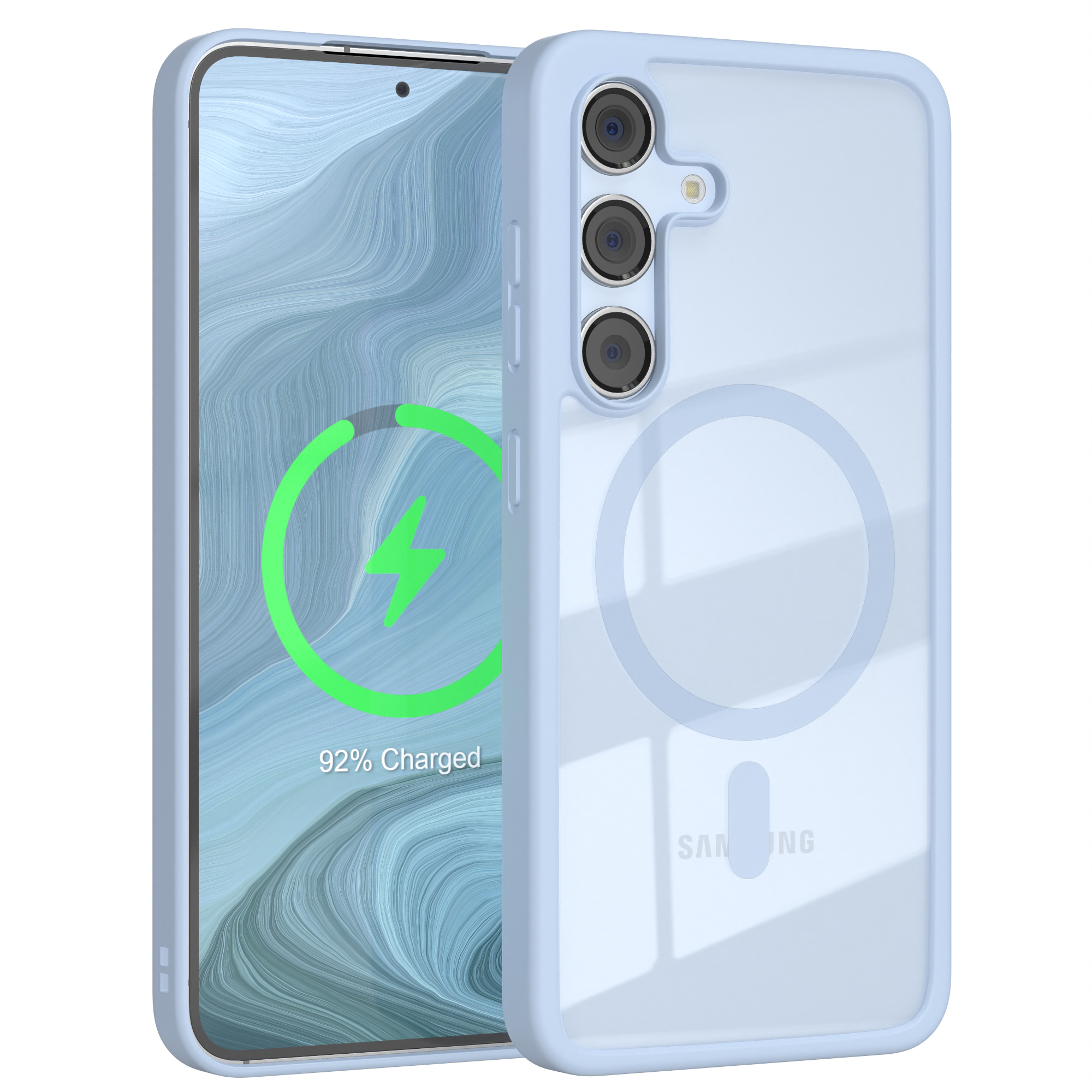 Hellblaue Handyhülle mit Telefon, das ein Ladesymbol anzeigt. Weißer Hintergrund.