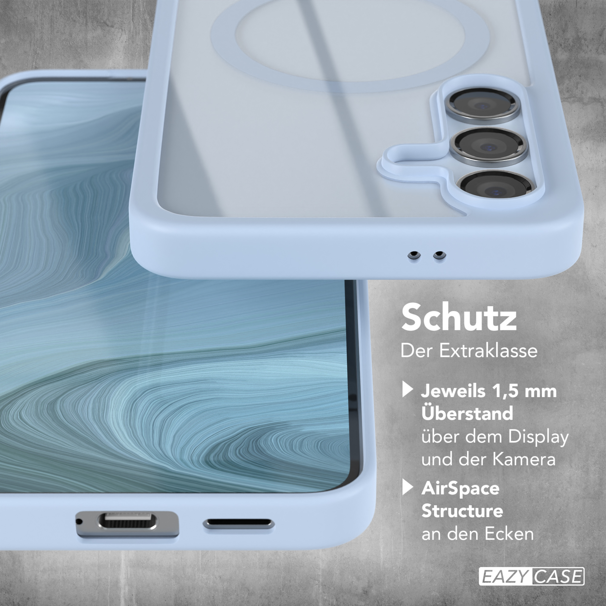 Eine hellblaue Handyhülle auf strukturierter Oberfläche, mit Text über Schutz und Funktionen.