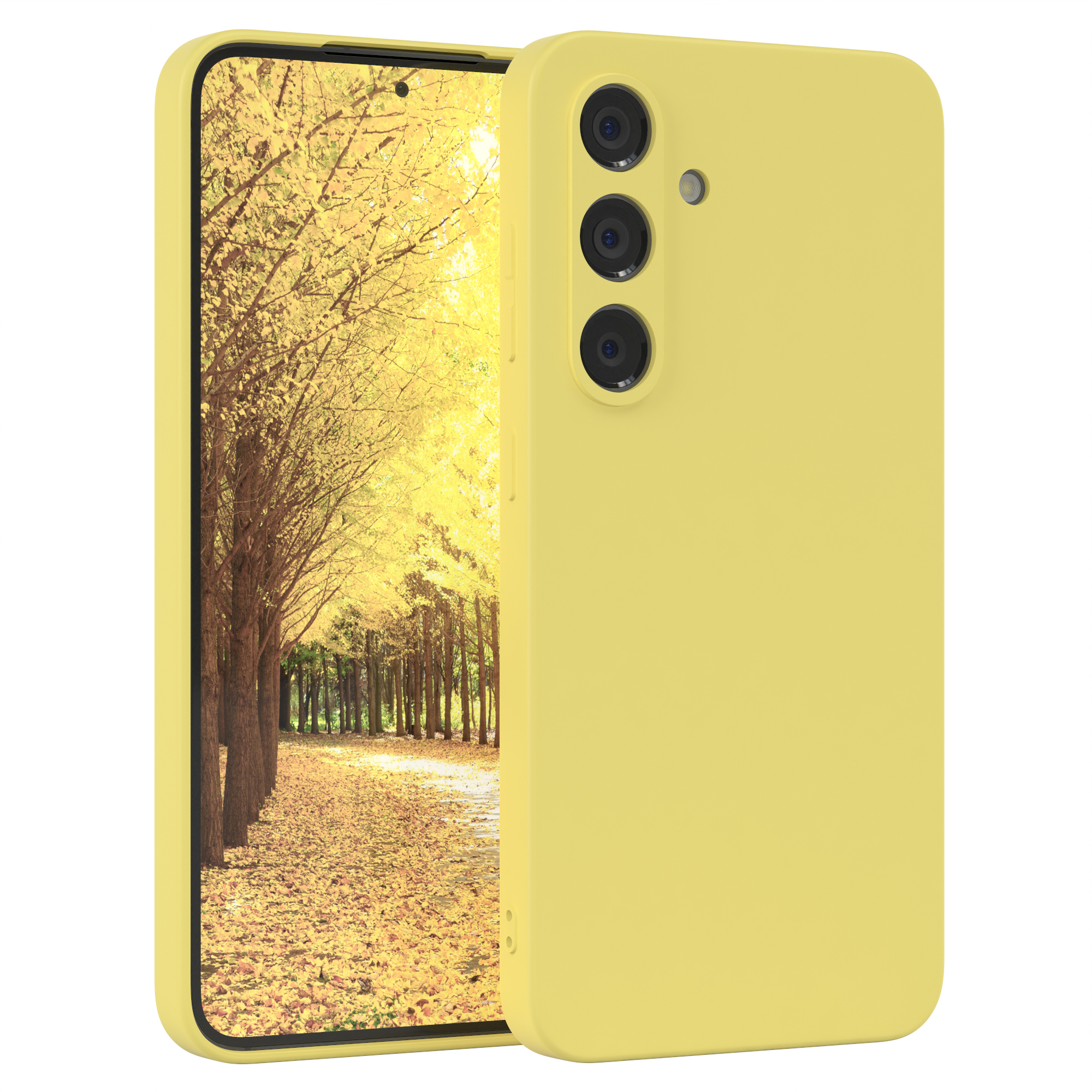Gelbe Handyhülle mit Kameraausschnitten und Telefon, das einen Baumhintergrund zeigt.