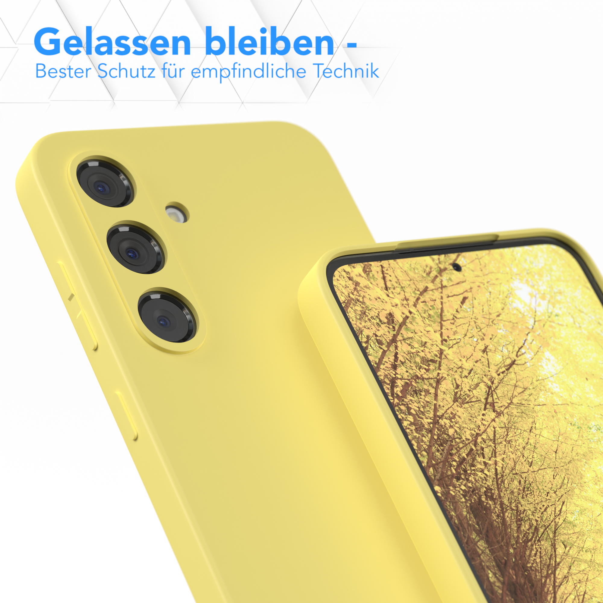 Gelbe Handyhülle mit einem Telefon darin, zeigt die Handykamera und den Text 'Gelassen bleiben'.