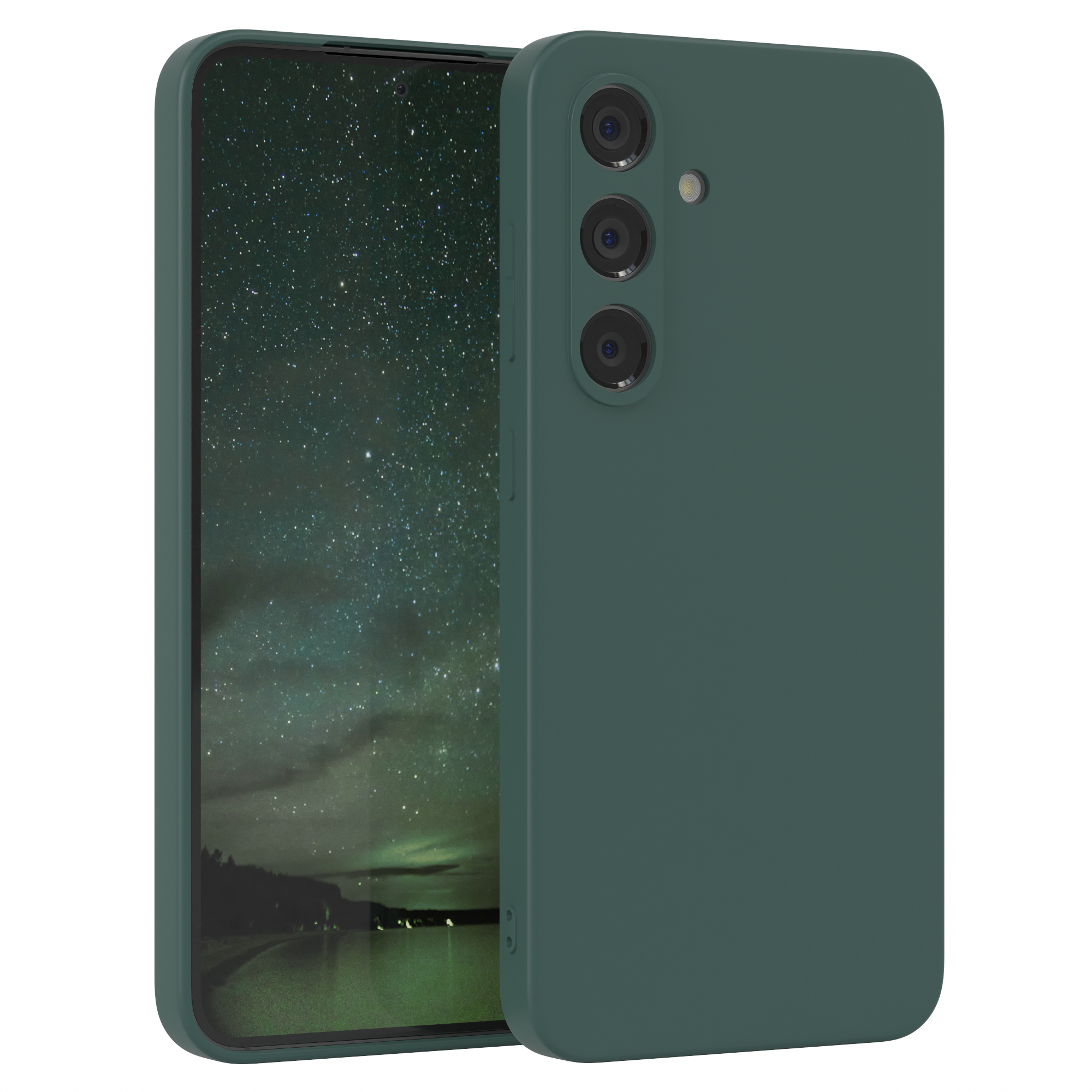 Zwei grüne Telefonhüllen mit Dreifachkamera, dunklem Hintergrund und weißem Hintergrund.