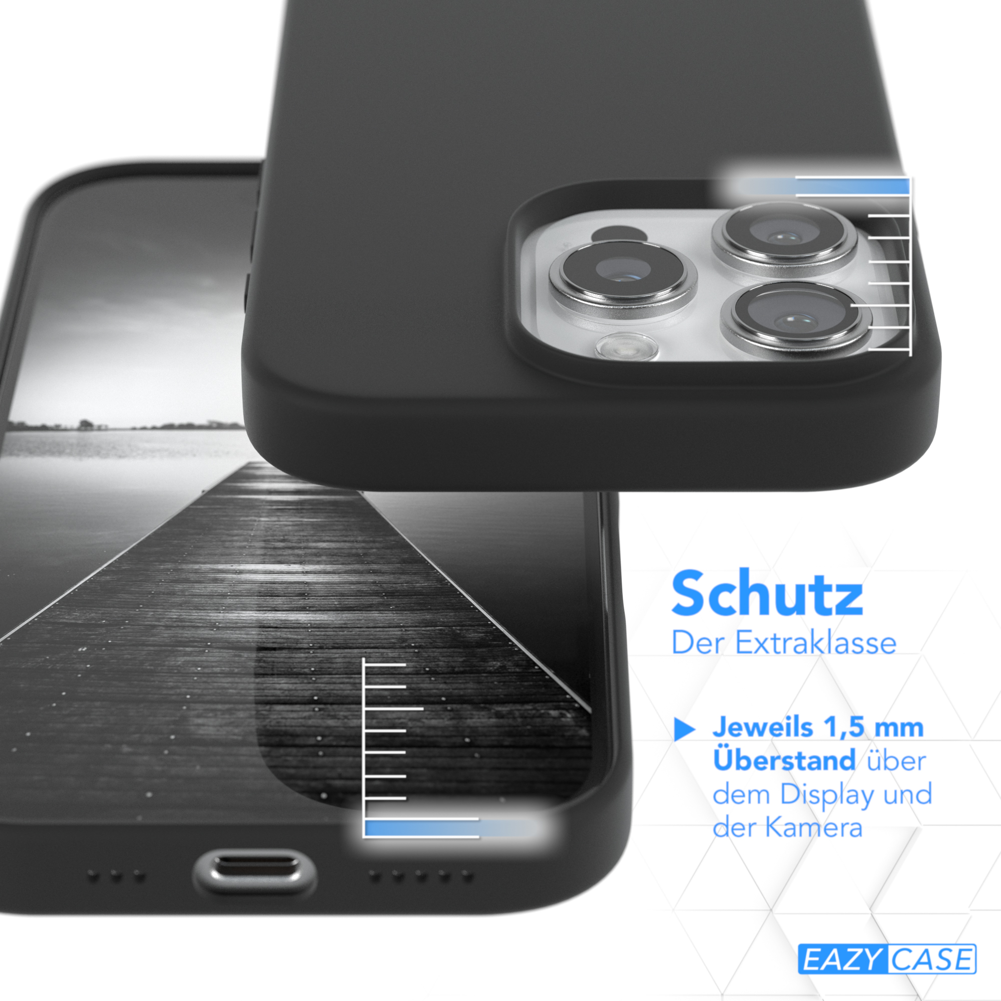 Schwarze Handyhülle auf einem Telefon, mit einer Brücke im Hintergrund. Text sagt Schutz (Schutz).