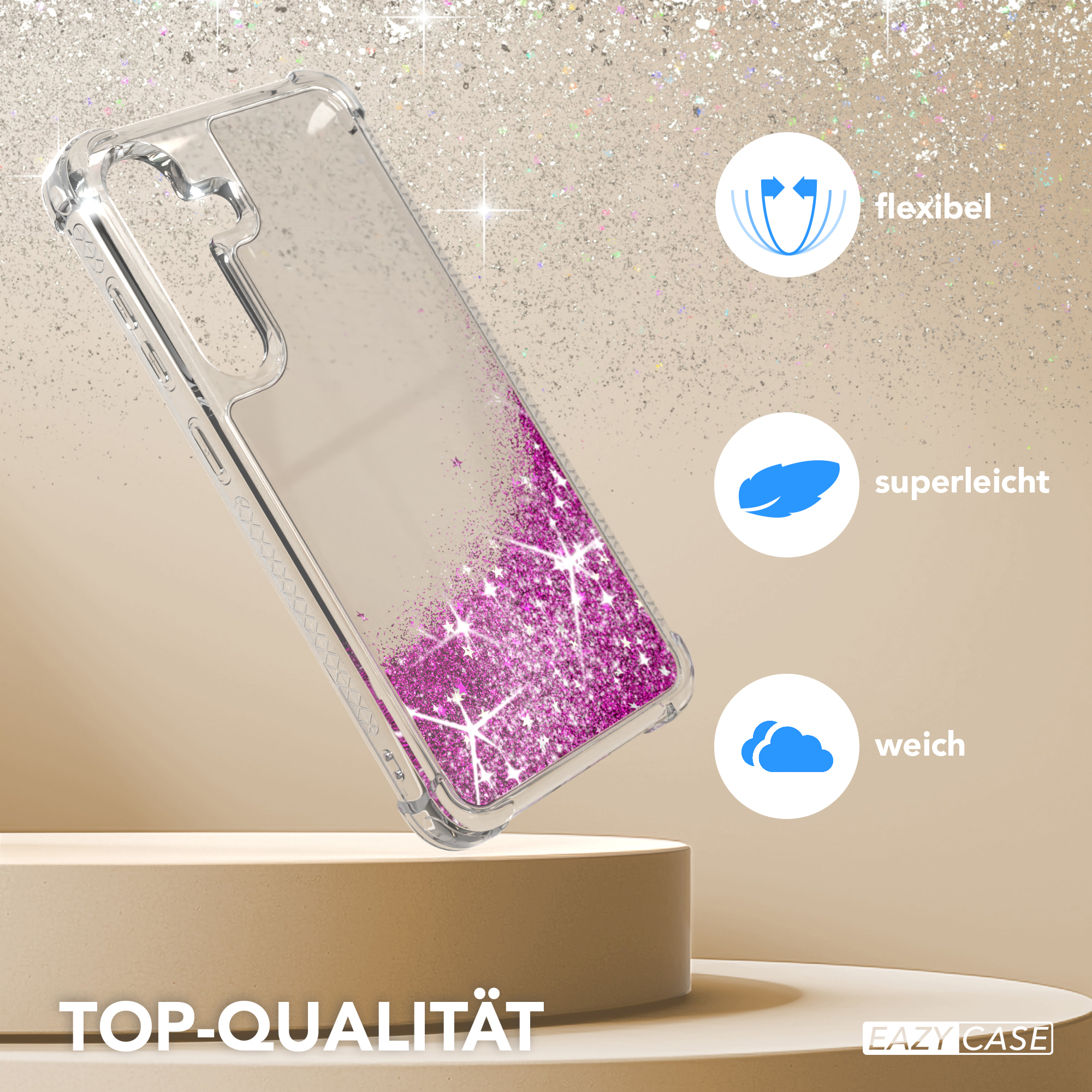 Transparente Handyhülle mit pinkfarbenem Glitzer, auf einem beigen Ständer mit Text und Blasen.