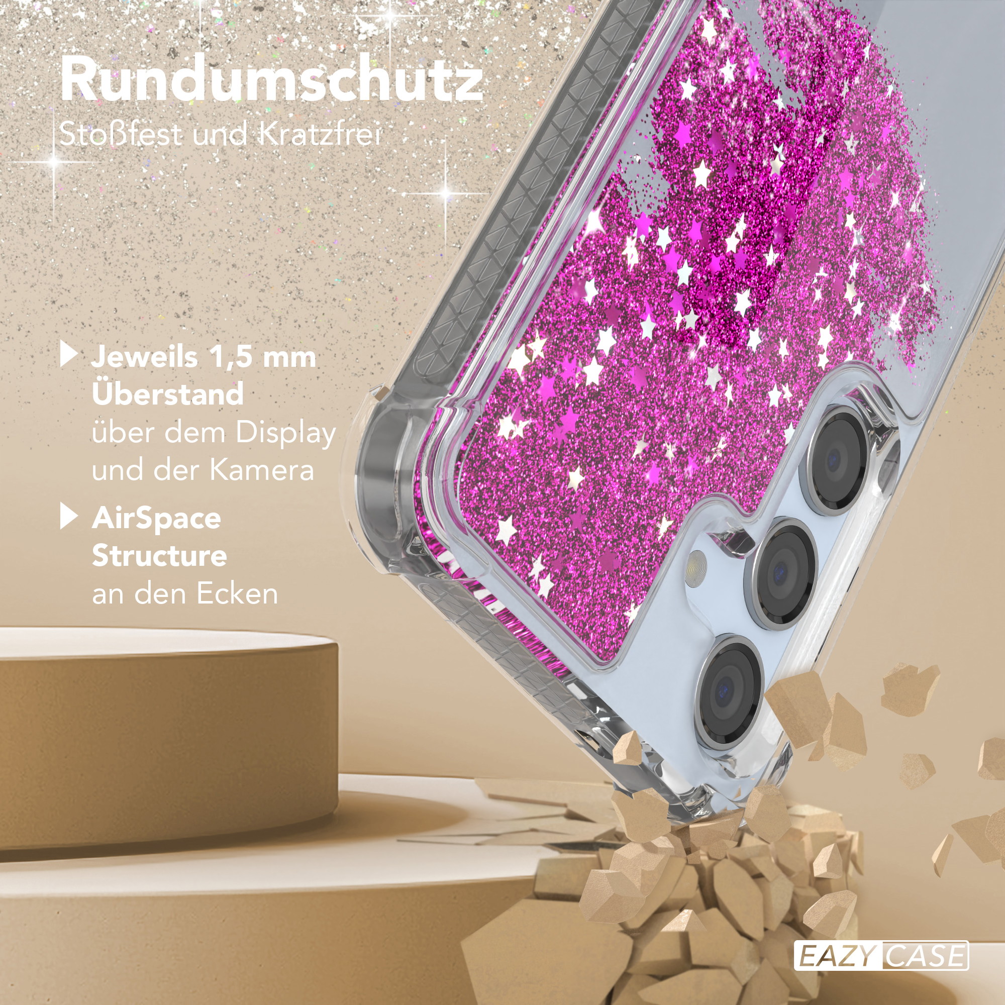 Handyhülle mit pinken Glitzersternen. Hülle ist transparent. Trümmer fallen darum.