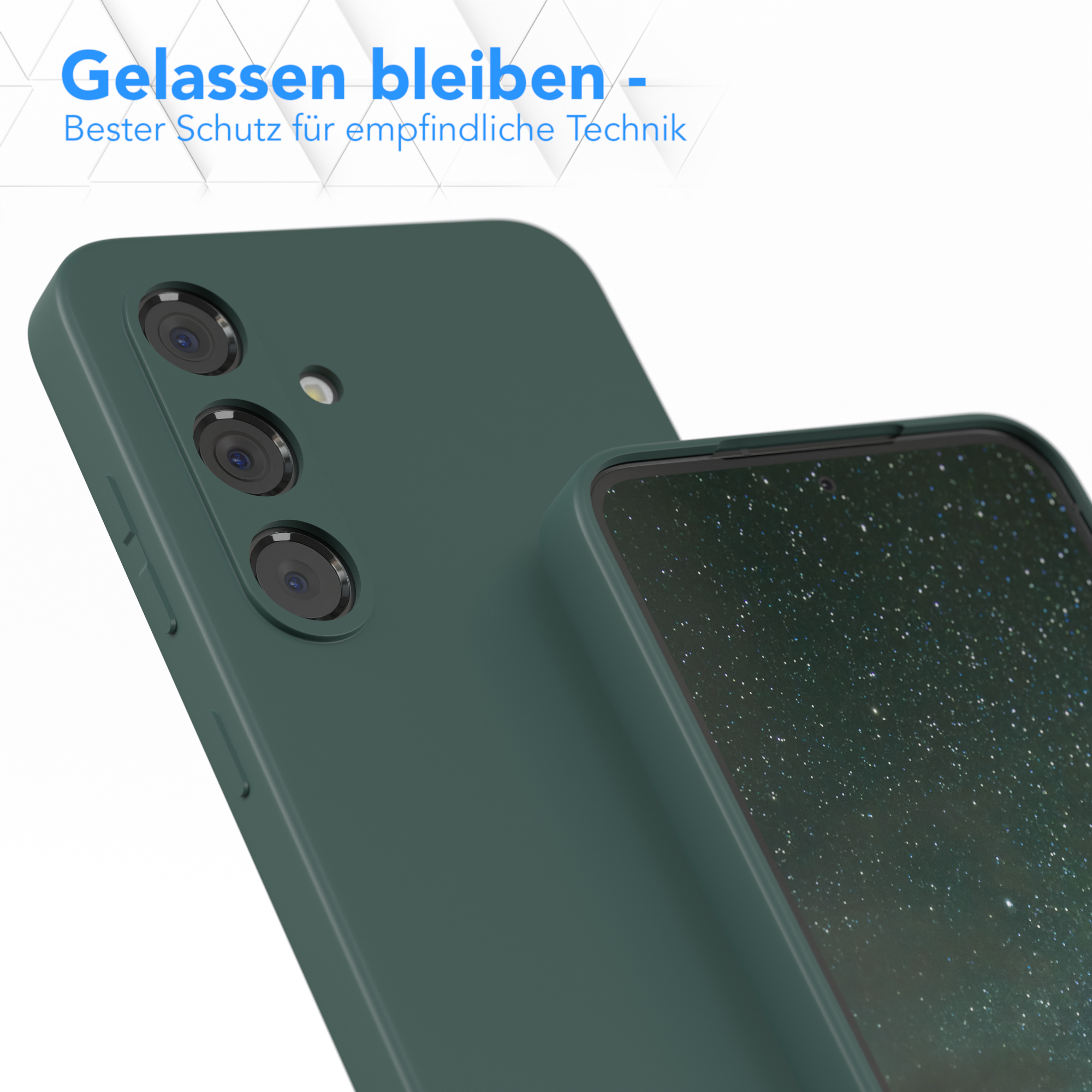 Eine grüne Handyhülle mit einem dunkelgrünen Telefon. Das Telefon zeigt Kameras. Text: 'Gelassen bleiben'.
