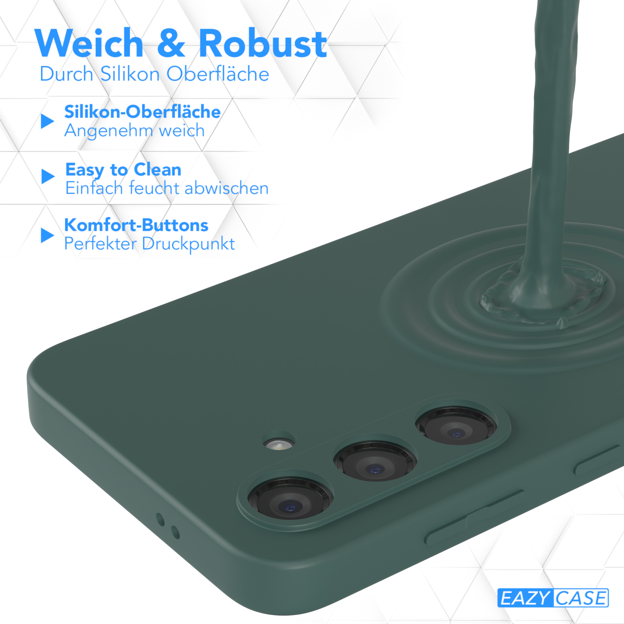 Grüne Handyhülle mit dunkelgrüner Flüssigkeit, die darauf gegossen wird. Text: Weich & Robust, Easy to Clean, Komfort-Buttons.