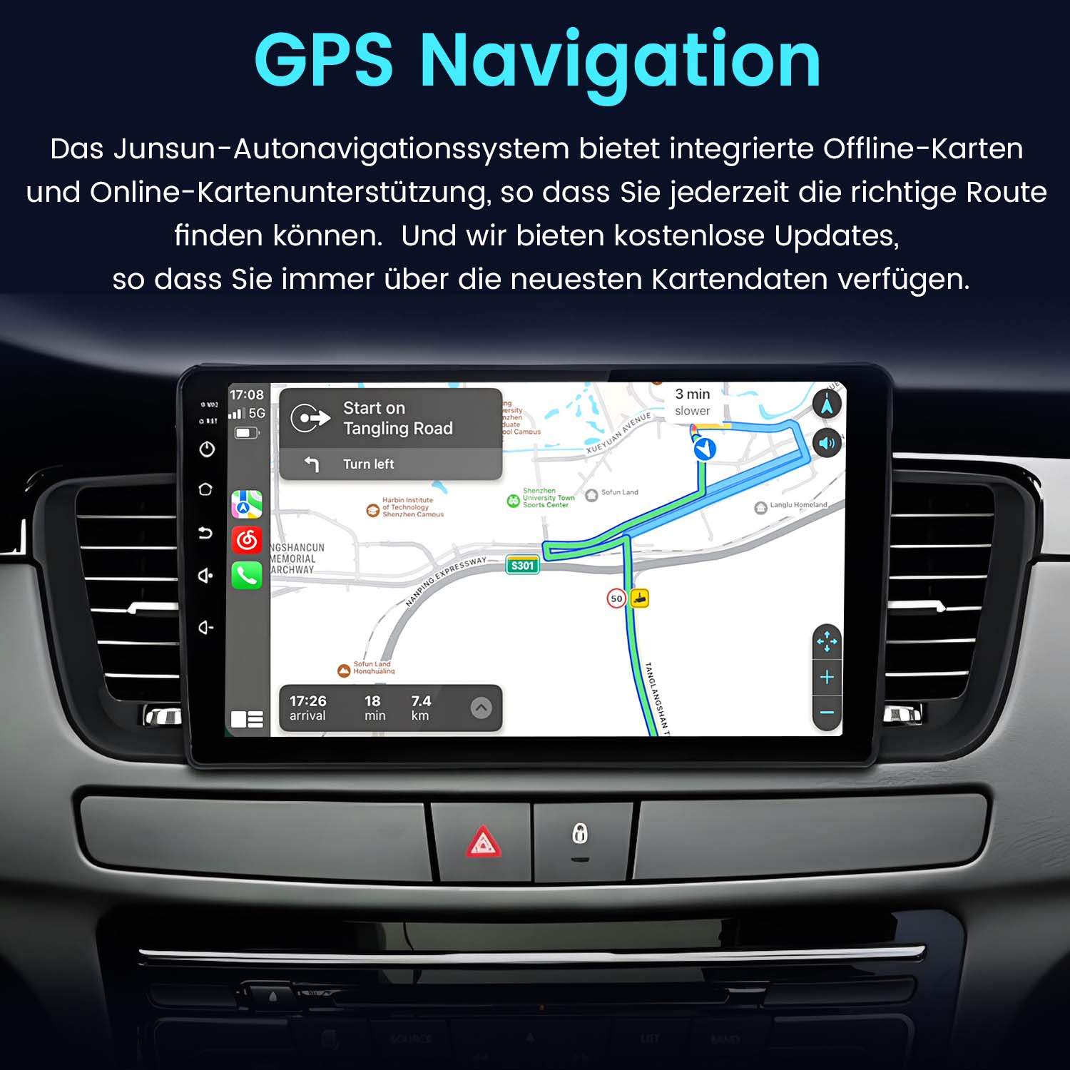 Armaturenbrettanzeige mit GPS-Navigationskarte, Routendetails und Fahrzeugbedienelementen.