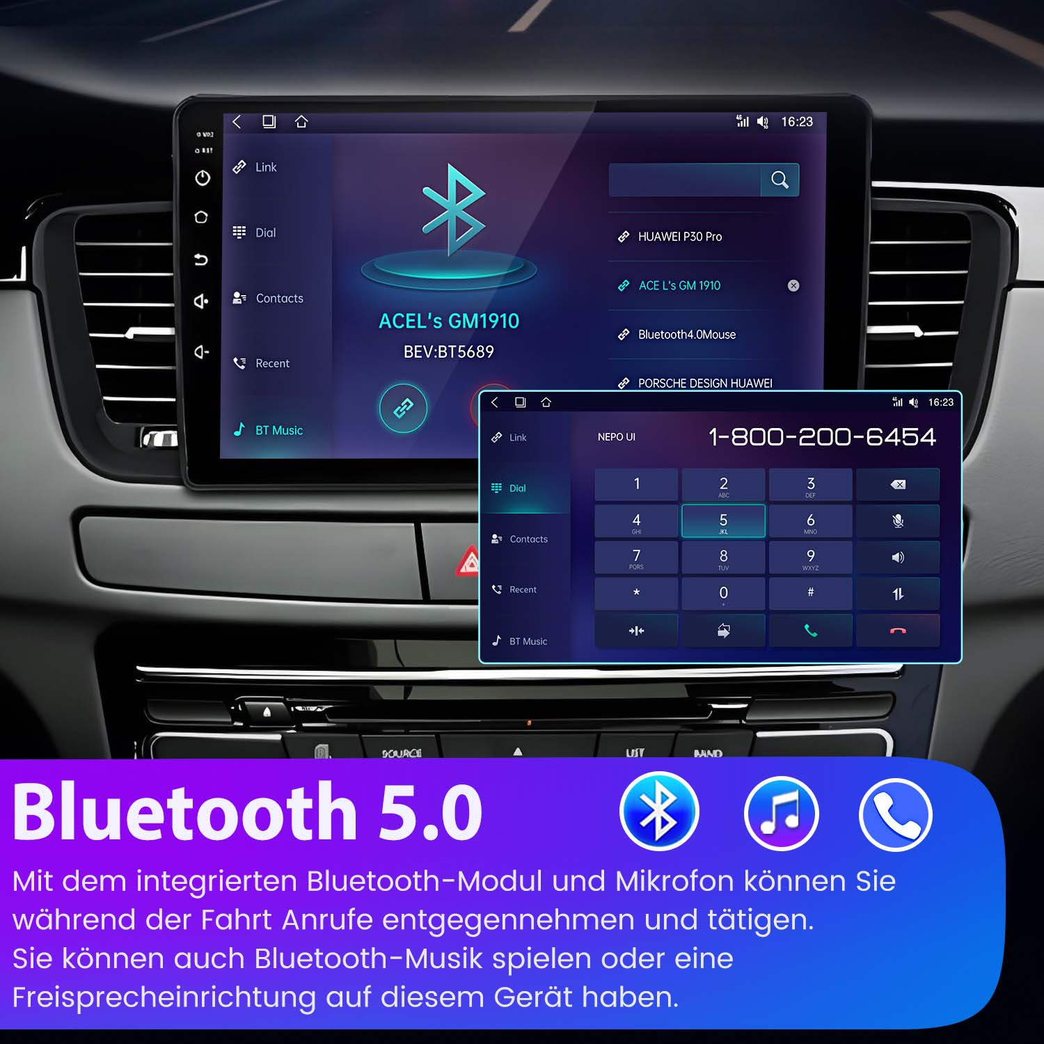 Auto-Infotainmentsystem. Zeigt einen Bildschirm mit Bluetooth-Funktionen, Wählprogramm und Musiksteuerung.