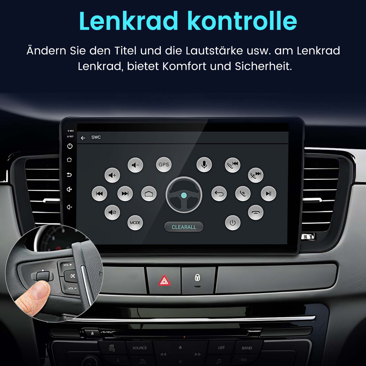 Auto-Armaturenbrett mit Bildschirm. Hand am Lenkrad, zeigt Steuerung.