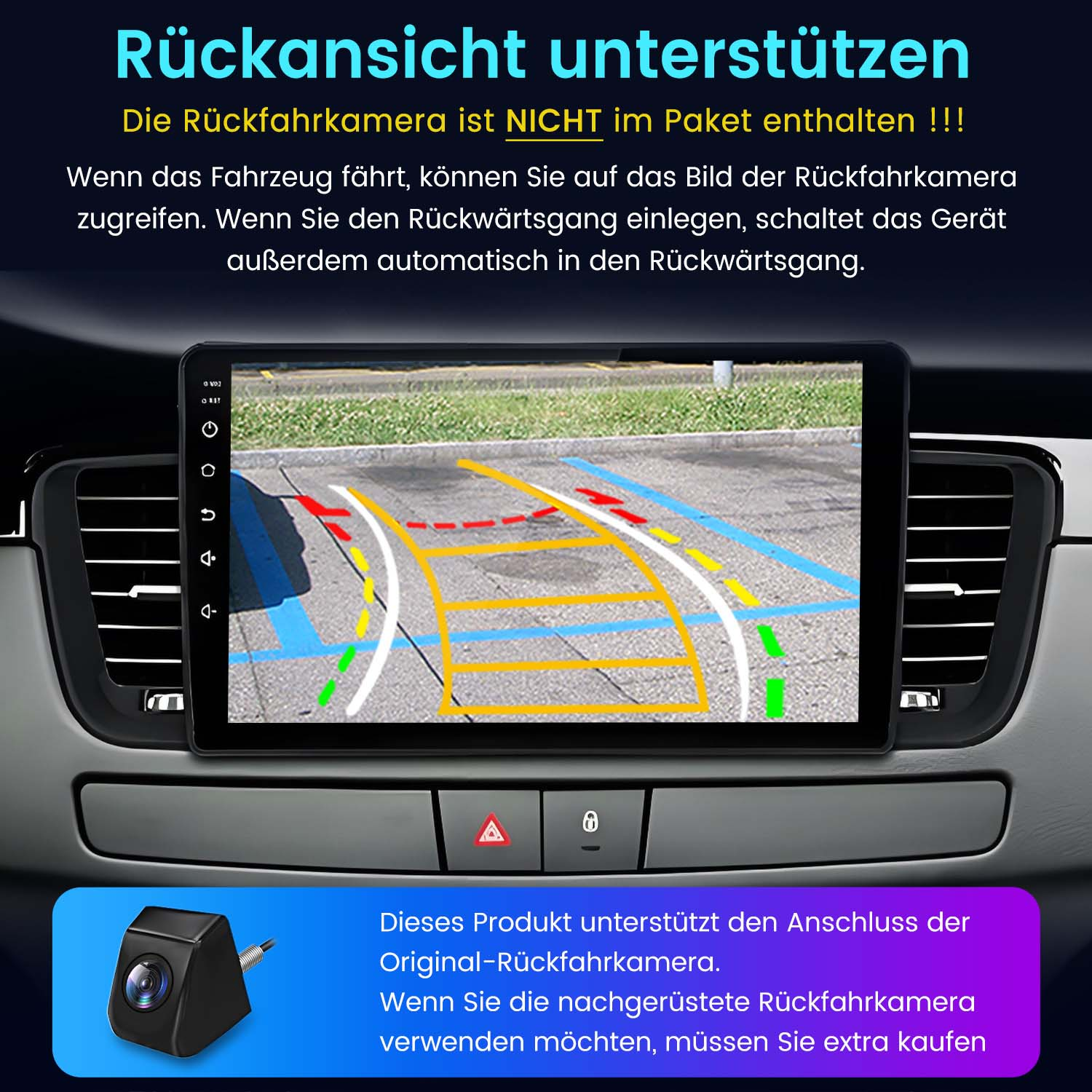 Auto-Infotainment-Bildschirm zeigt Rückfahrkamera-Ansicht. Anweisungen zur Kameranutzung werden angezeigt.