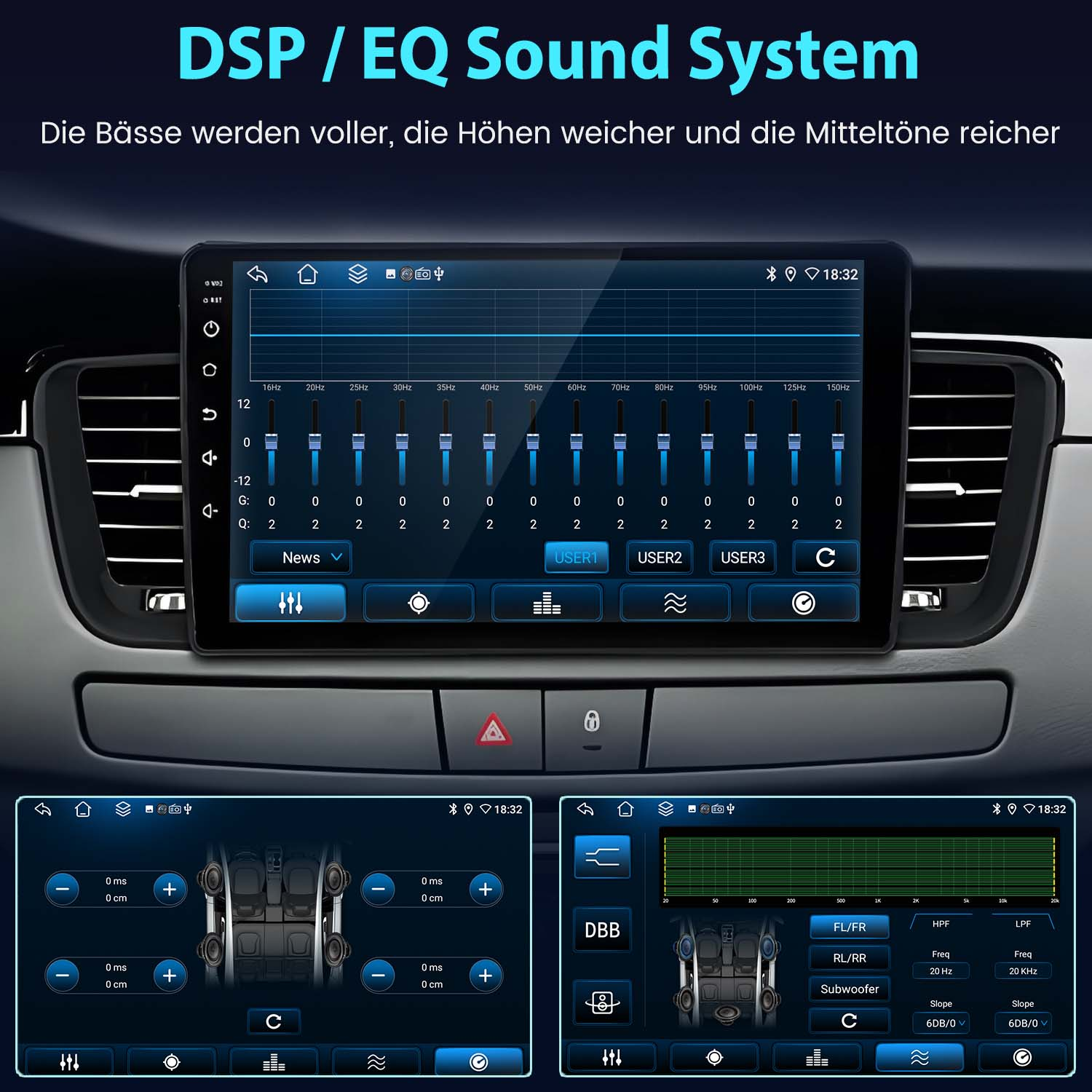 Auto-Audiosystem-Oberfläche mit Equalizer und Einstellungen auf dunklem Hintergrund.