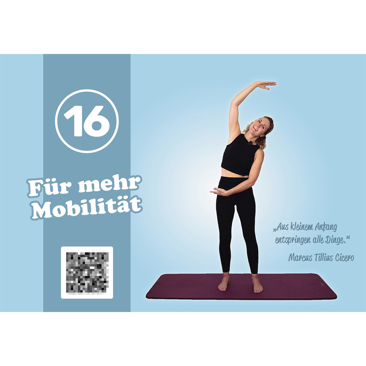 Frau in schwarzer Sportkleidung macht eine Seitdehnung auf einer lila Matte. Nummer 16 und Text links.