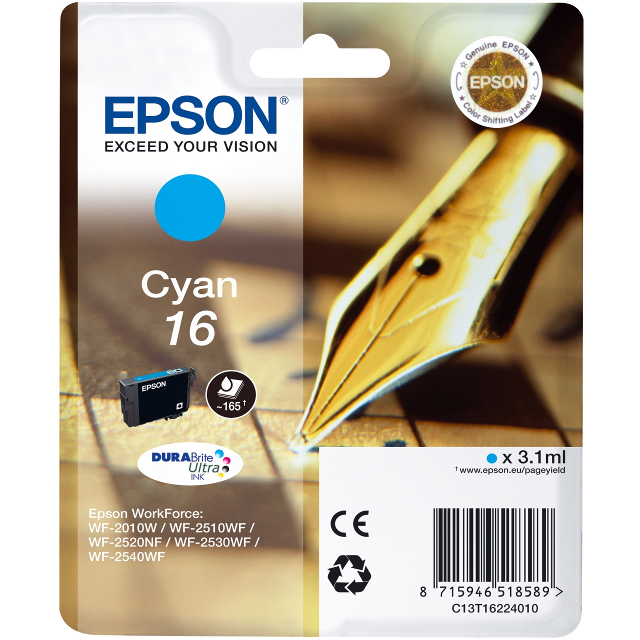Een Epson Cyan inktcartridge verpakking met een pen illustratie en tekst.