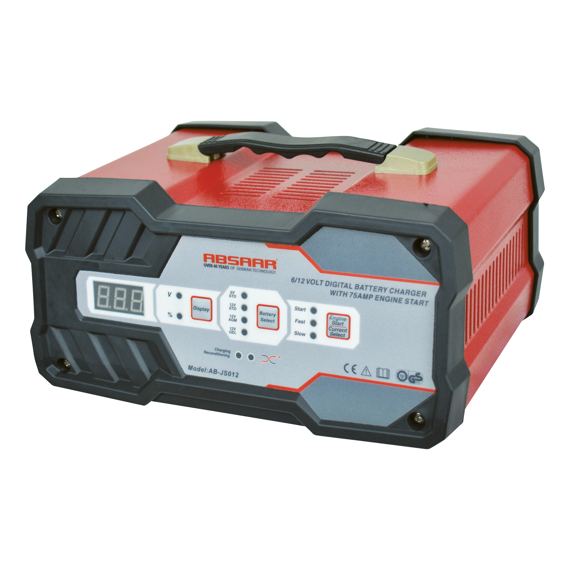 Rotes und schwarzes Batterieladegerät mit Display und Knöpfen. Grauer und weißer Hintergrund.