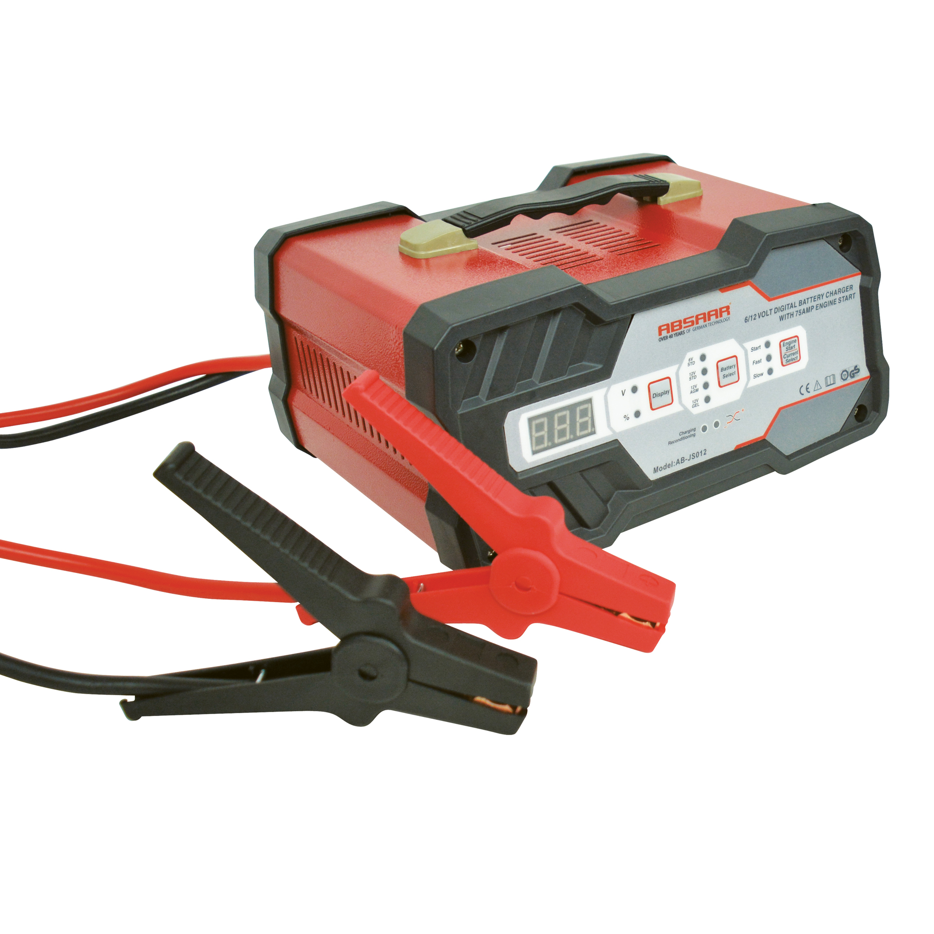 Rotes und schwarzes Batterieladegerät mit Klemmen und Digitalanzeige.