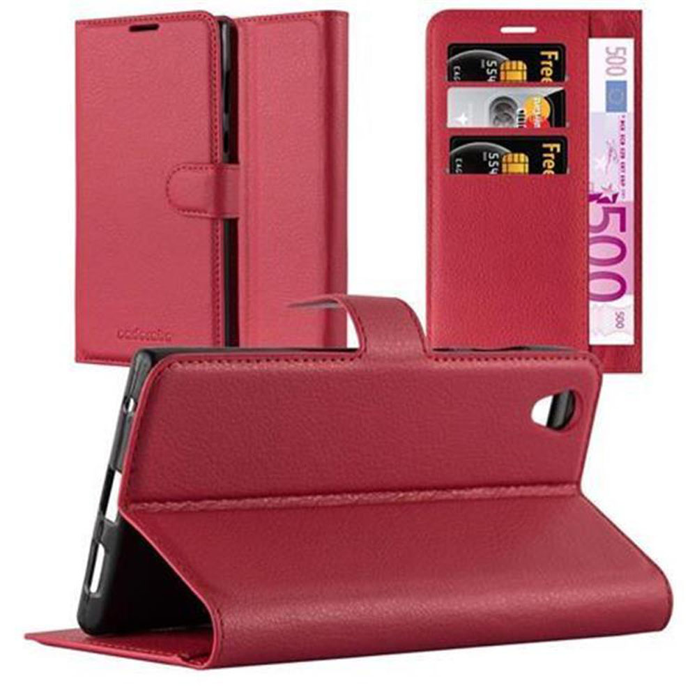 Rote Leder-Handyhülle mit Kartenfächern und Geldfach, geöffnet, um Handy und Karten zu zeigen.