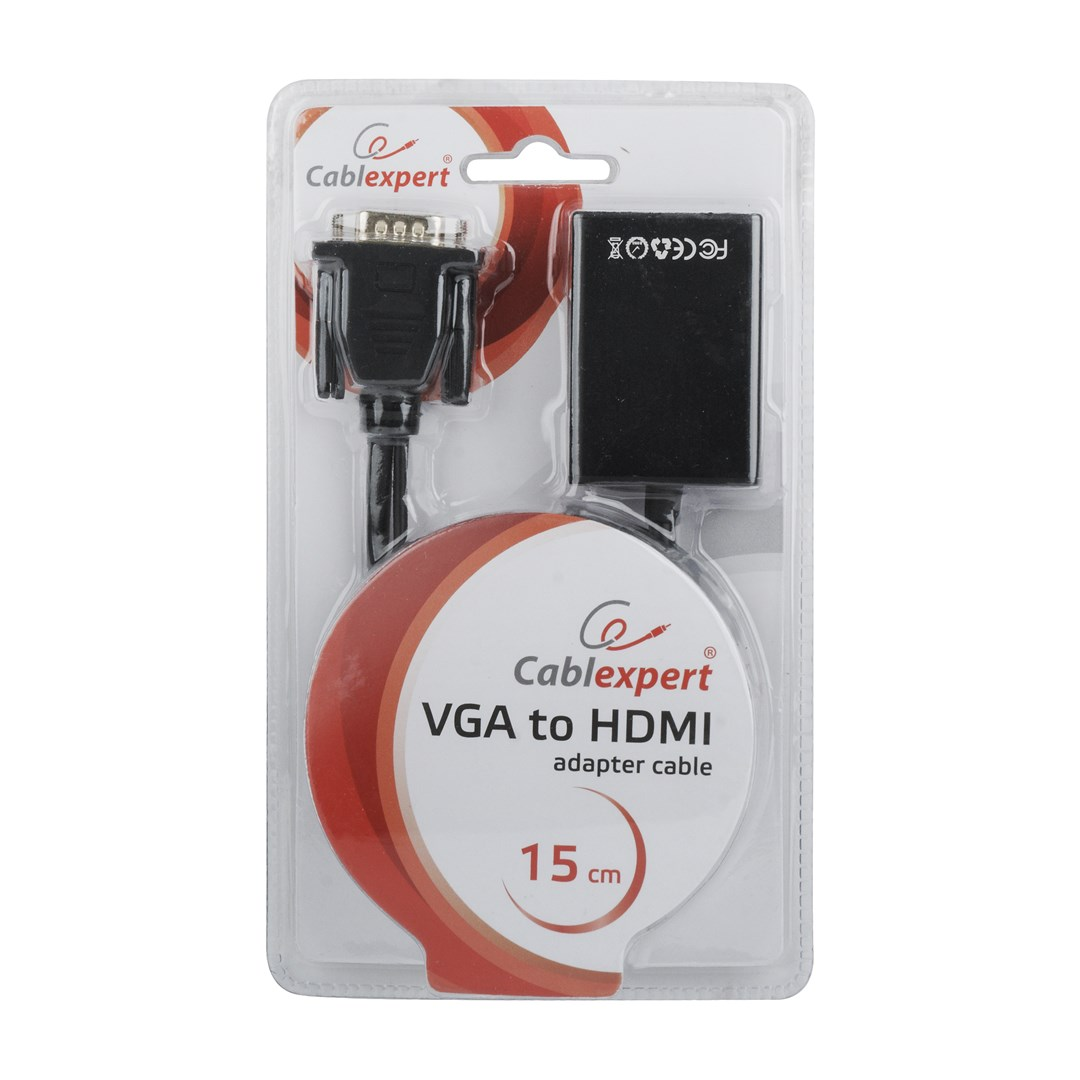 Cable adaptador VGA a HDMI en un paquete transparente. Conectores negros y plateados.