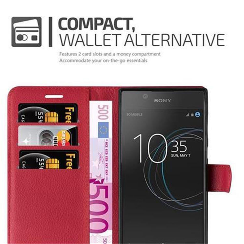 Rote Handyhülle im Brieftaschenstil mit Kreditkarten und Smartphone mit Uhrzeit.