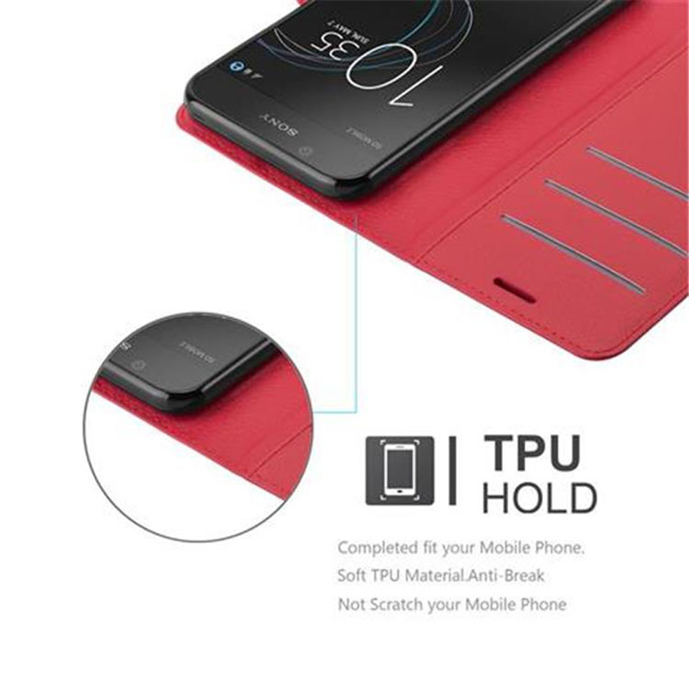 Smartphone in roter Hülle, mit TPU HOLD-Etikett und Anweisungen.