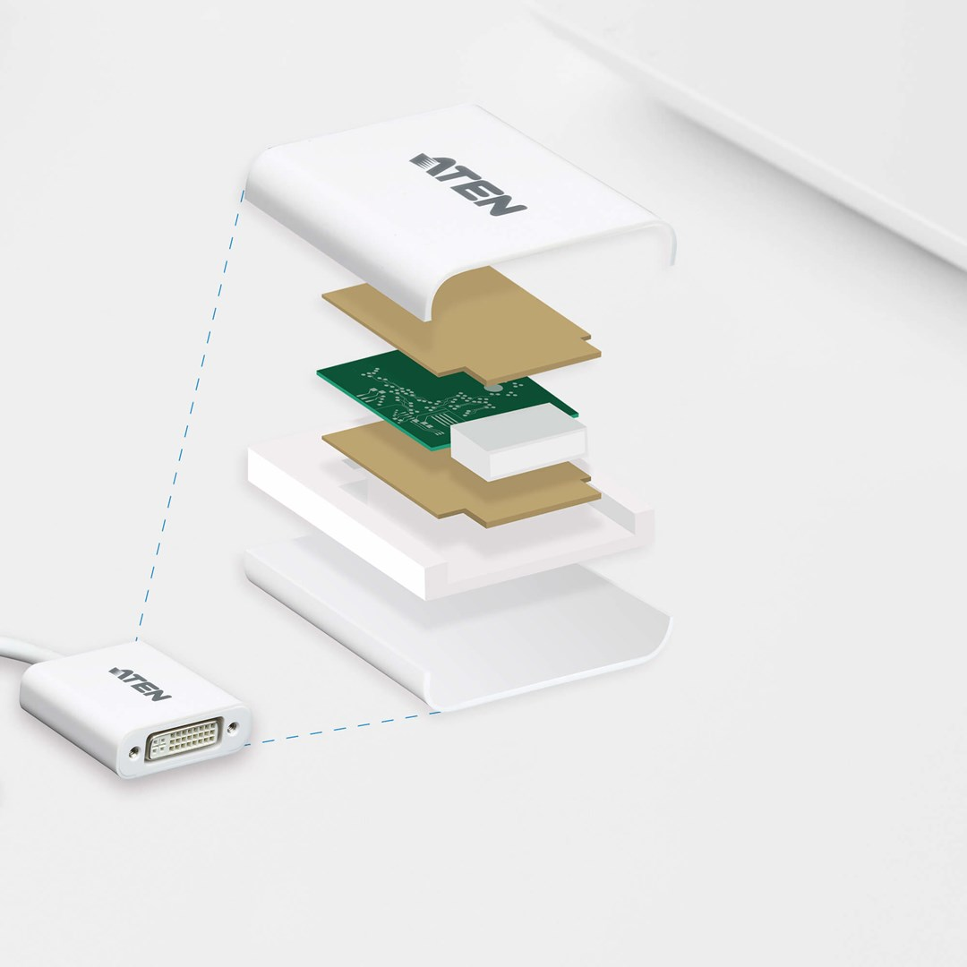 Weißer Adapter. Die Schichten des Adapters werden in einem Diagramm dargestellt. Der Hintergrund ist weiß.