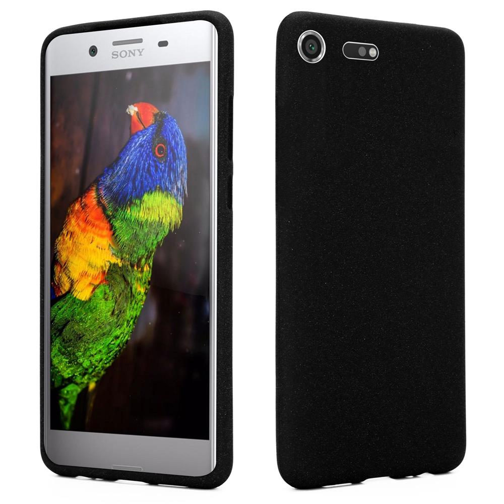 Telefono Sony con un'immagine di pappagallo colorato sullo schermo. Una custodia nera copre il telefono.