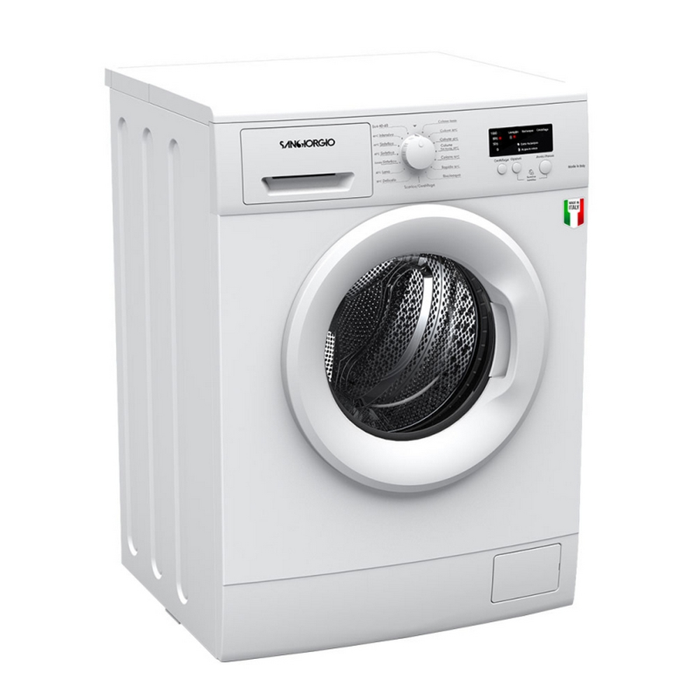 Una lavatrice bianca con pannello di controllo e bandiera italiana.