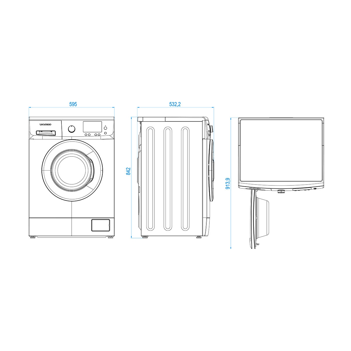 Disegno tecnico di una lavatrice, con dimensioni indicate in millimetri.