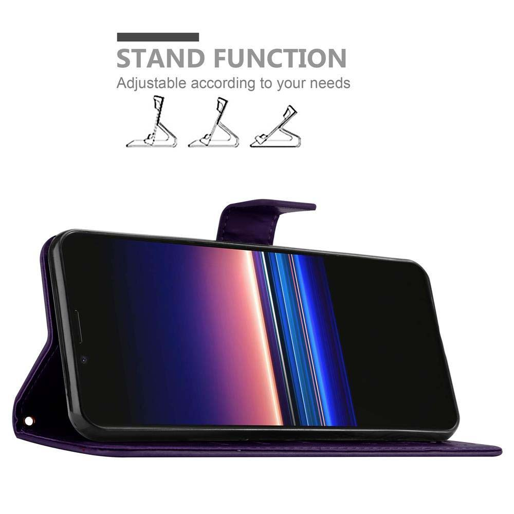 Custodia per telefono viola con funzione stand. Telefono in una custodia piegata, con diagrammi di supporto regolabili.