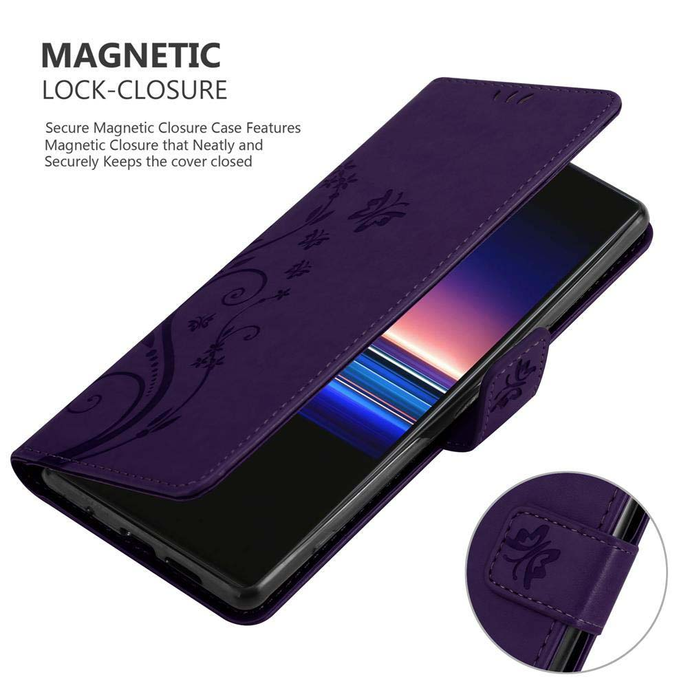 Custodia viola per telefono con design floreale, aperta per rivelare un telefono.