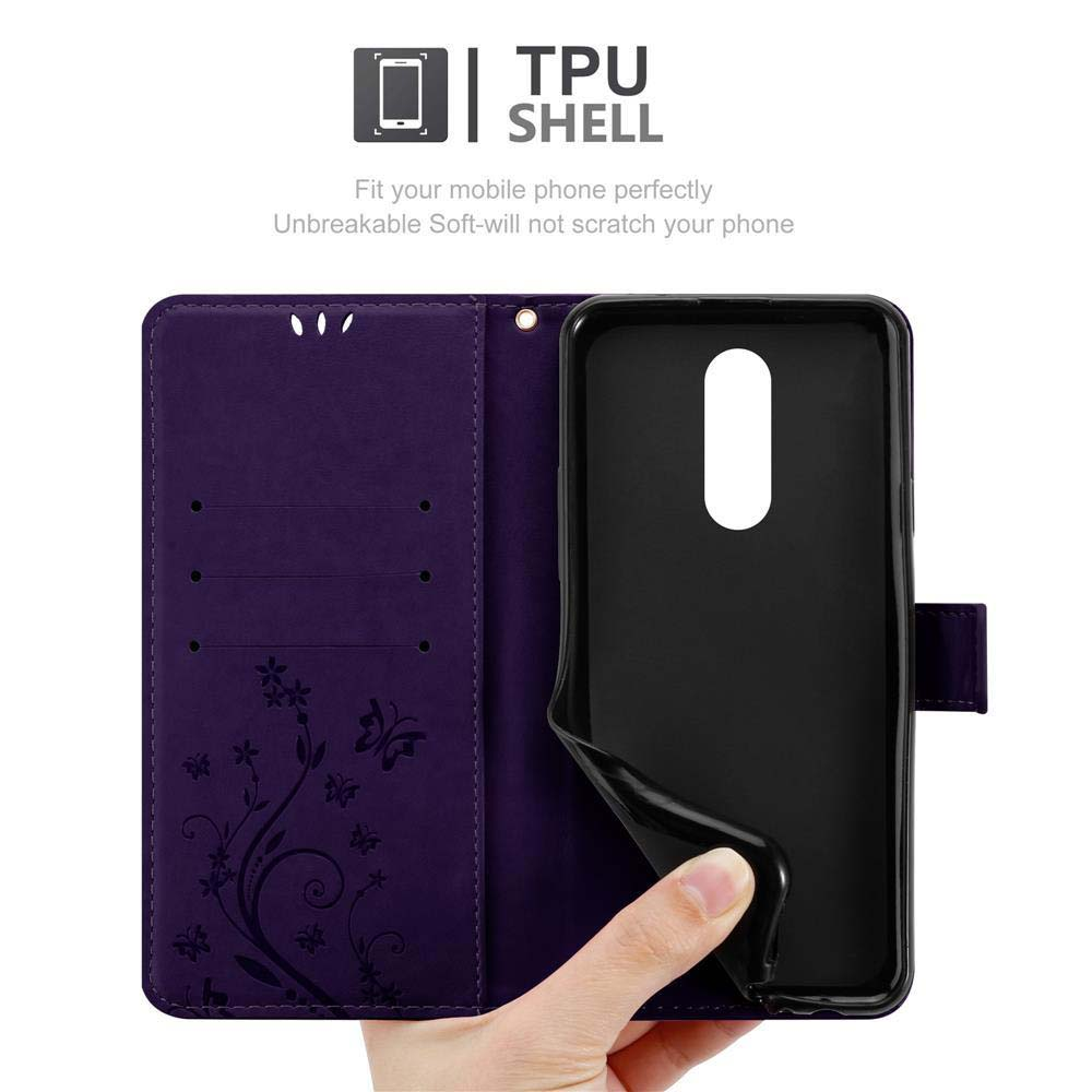 L'immagine mostra una custodia per telefono a portafoglio viola aperta, che rivela un supporto per telefono nero e decorazioni floreali.