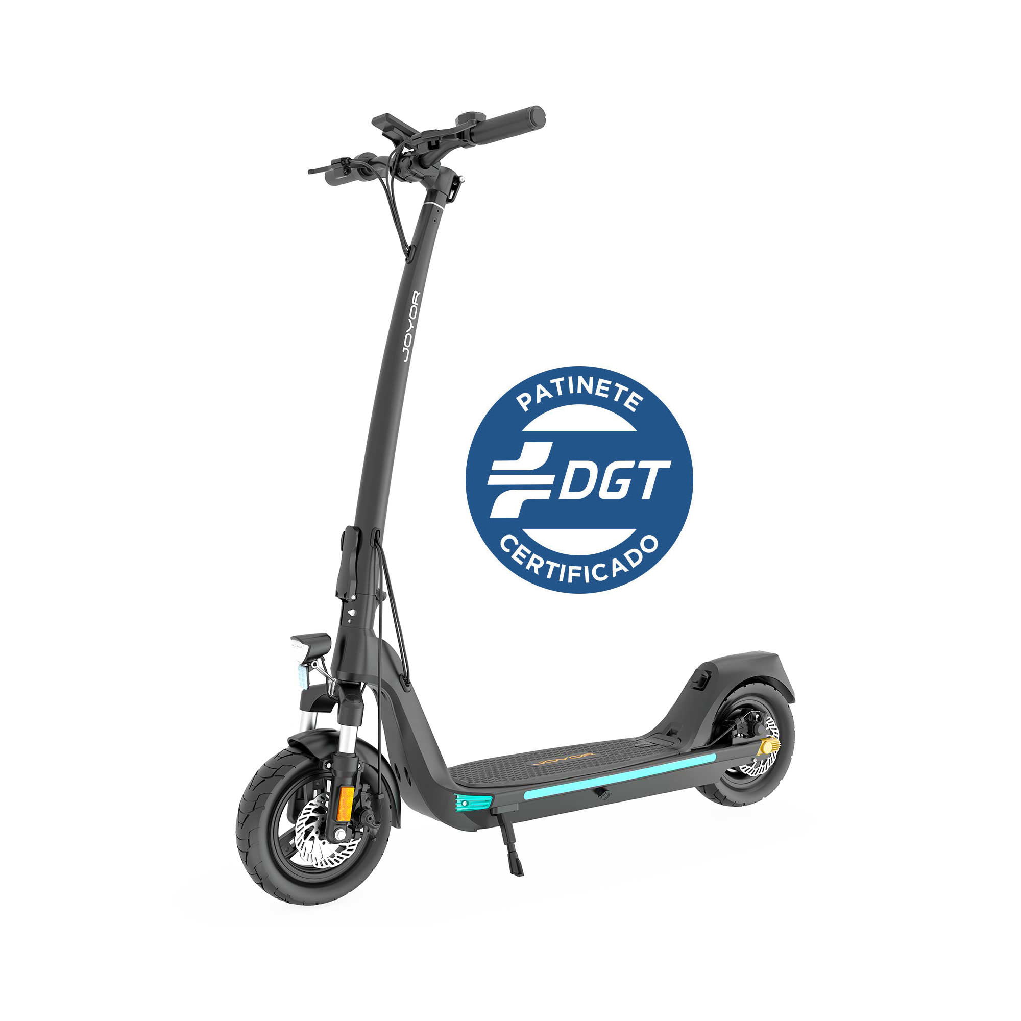 Patinete eléctrico sobre fondo blanco con certificado azul y blanco.