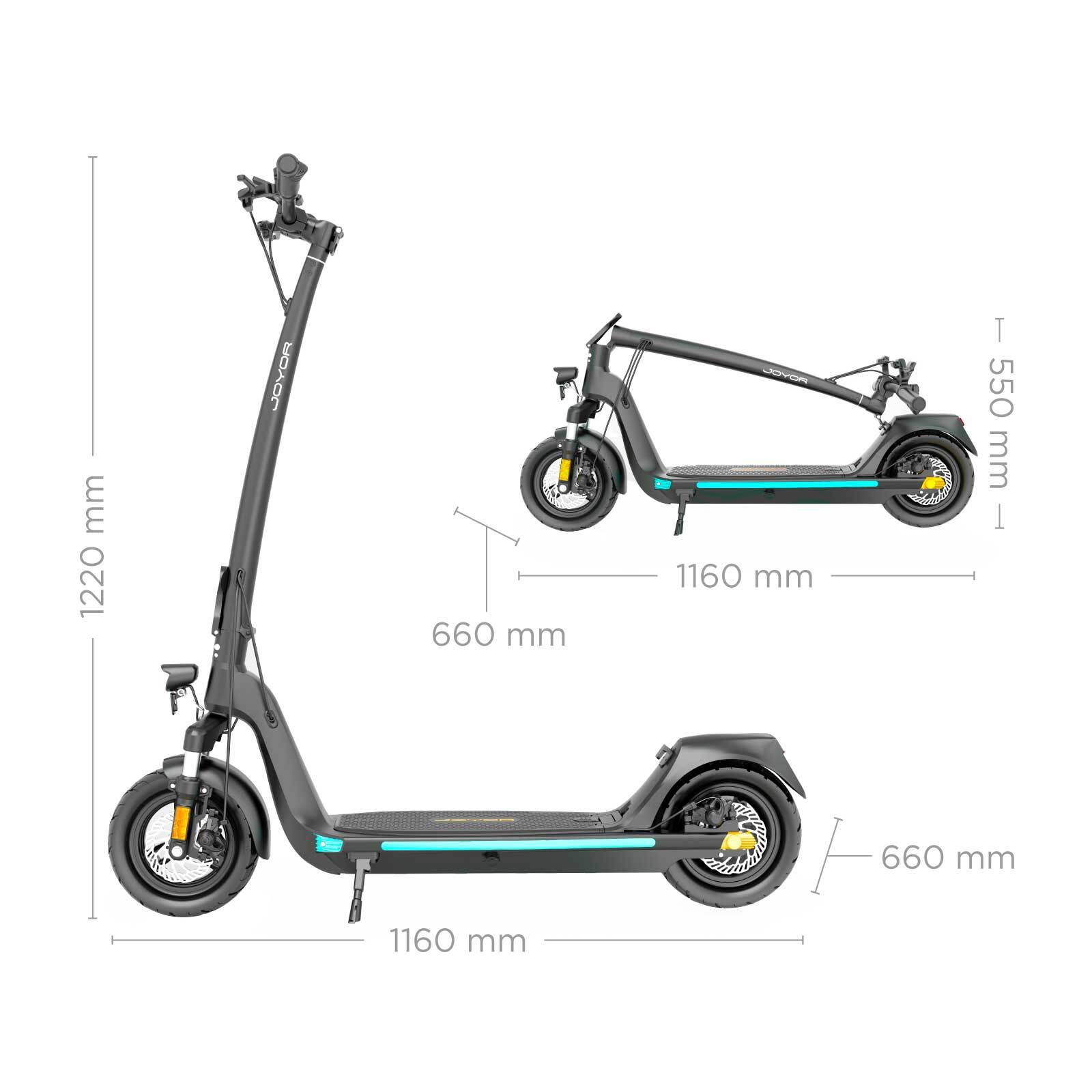Patinete eléctrico Joyor negro, vista lateral, con medidas indicadas.